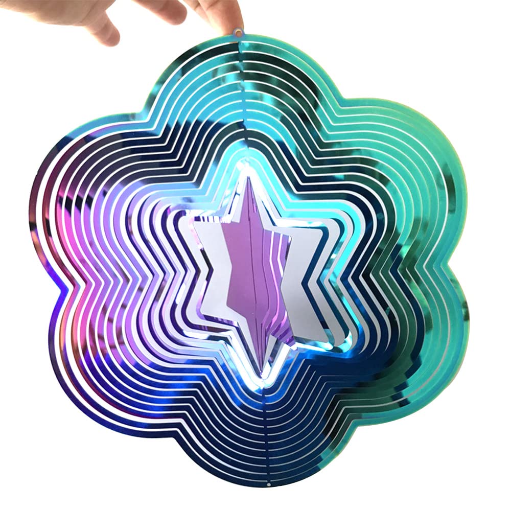 Tiardey 3D Metal Wind Spinner Rotating Flowing-Light Effect Design Wind Chimes Home Garden Decoration Outdoor Gift Shiny - Color Six-Pointed Star