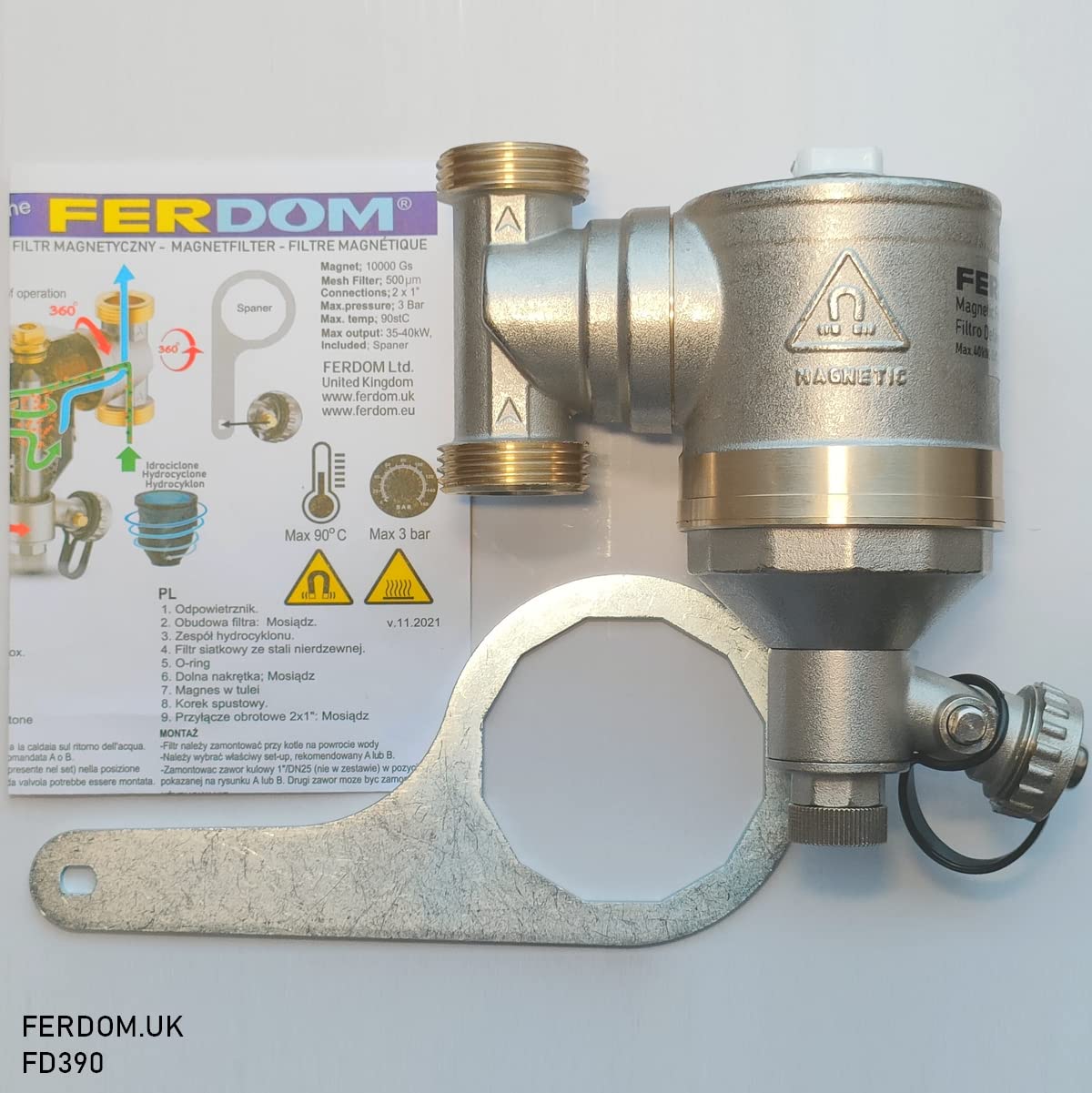 FERDOM FD390 STRONG 1" (DN25) Filtro Magnetico/Idrociclone Per Sistemi Di Riscaldamento. Magnete 10000gs. Con Separatore Di Particelle Non Magnetiche Inox 1000µm. Max.40kW. Rac.360 Gradi. 100% Ottone
