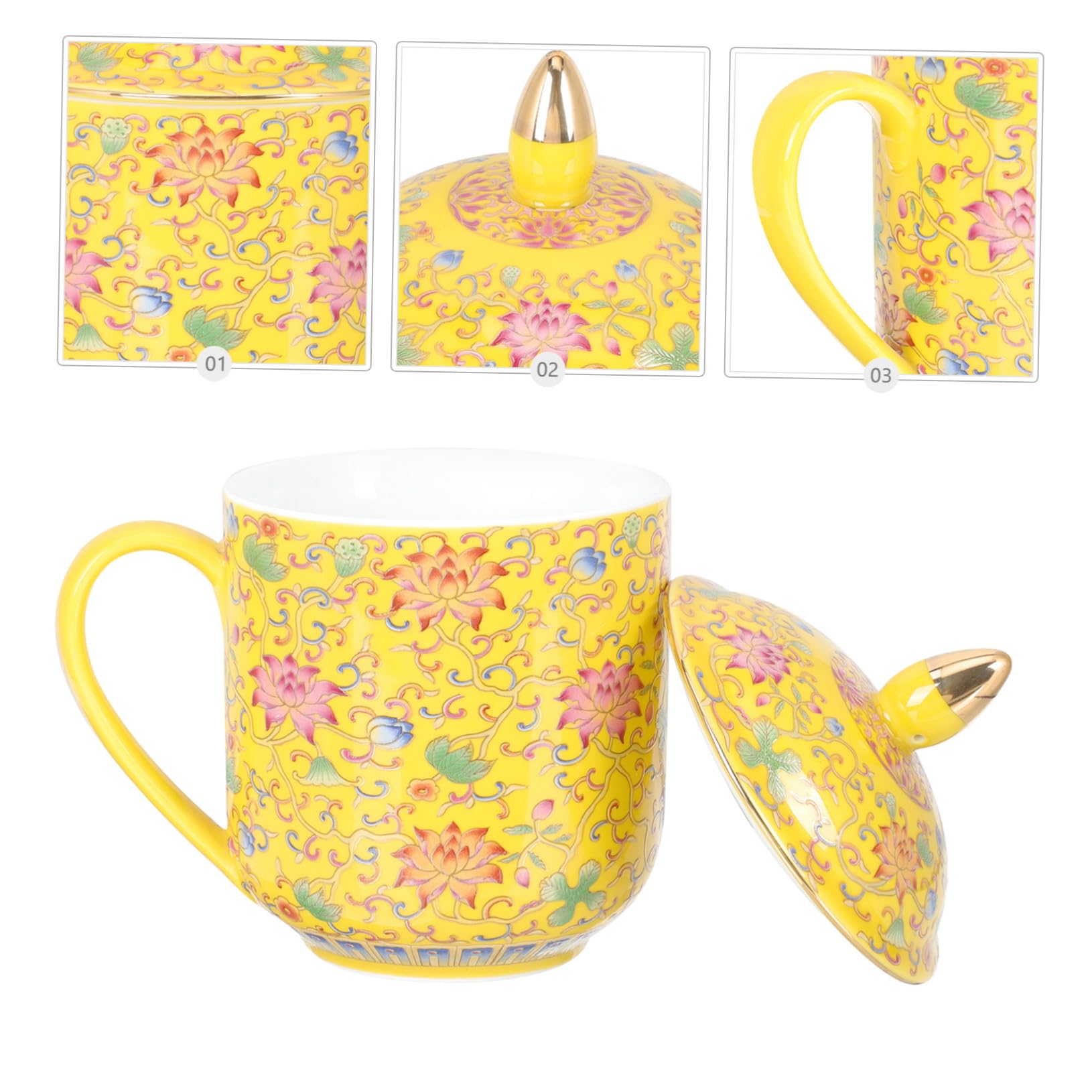Teetasse als Asiatisches Teetassen Satz mit Deckel und Teesieb Keramik Gelb im Klassischen Retro Stil Geeignet für Restaurant und Teehäuser