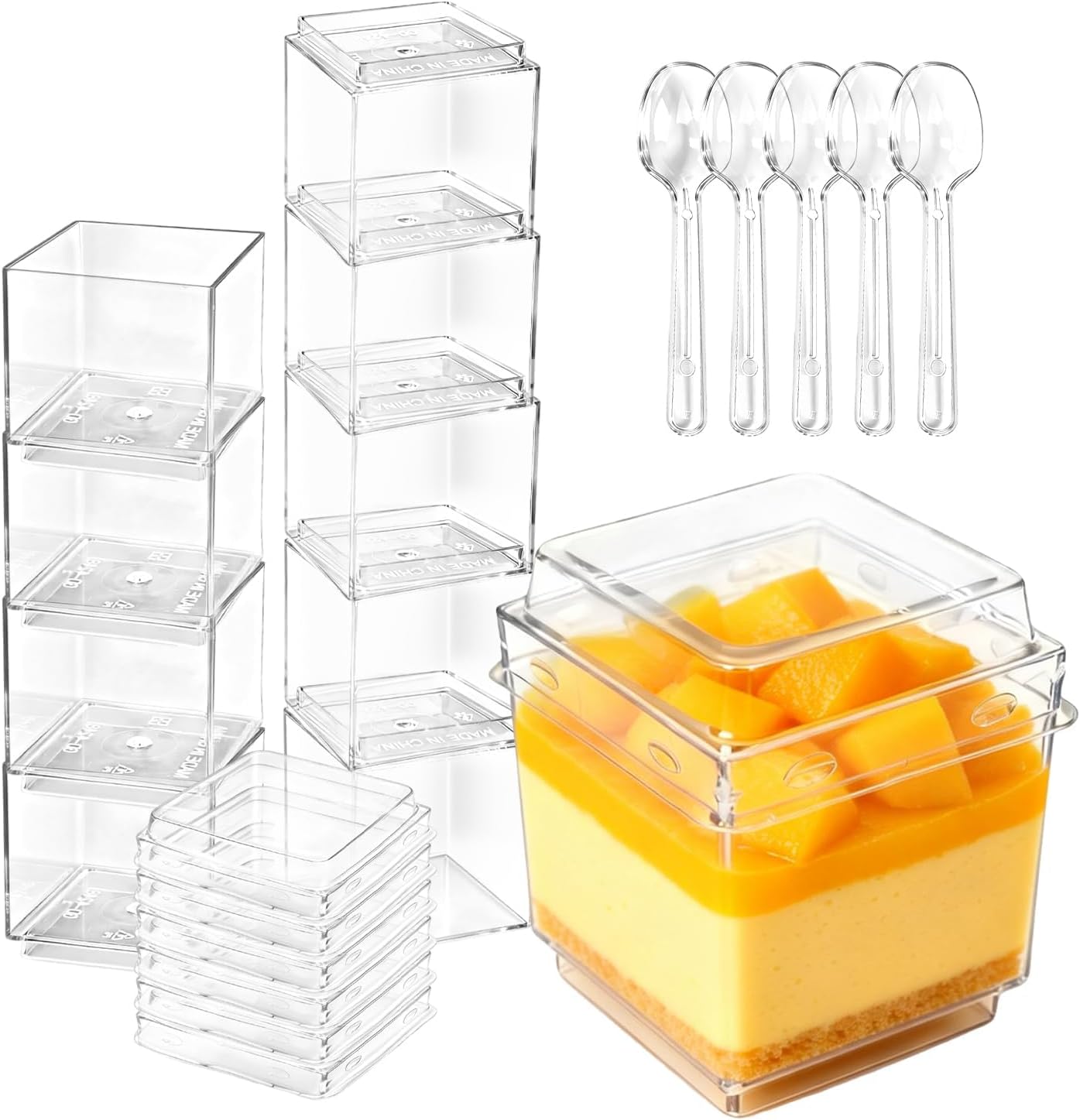 100 Pack 3 oz Mini Plastic Dessert Cups with Lids and Spoons, Disposable Clear Pudding Parfait Jello Shooter Cups Tiramisu Containers, Square Party Serving Bowls for Fruit Ice Cream Yogurt Nut