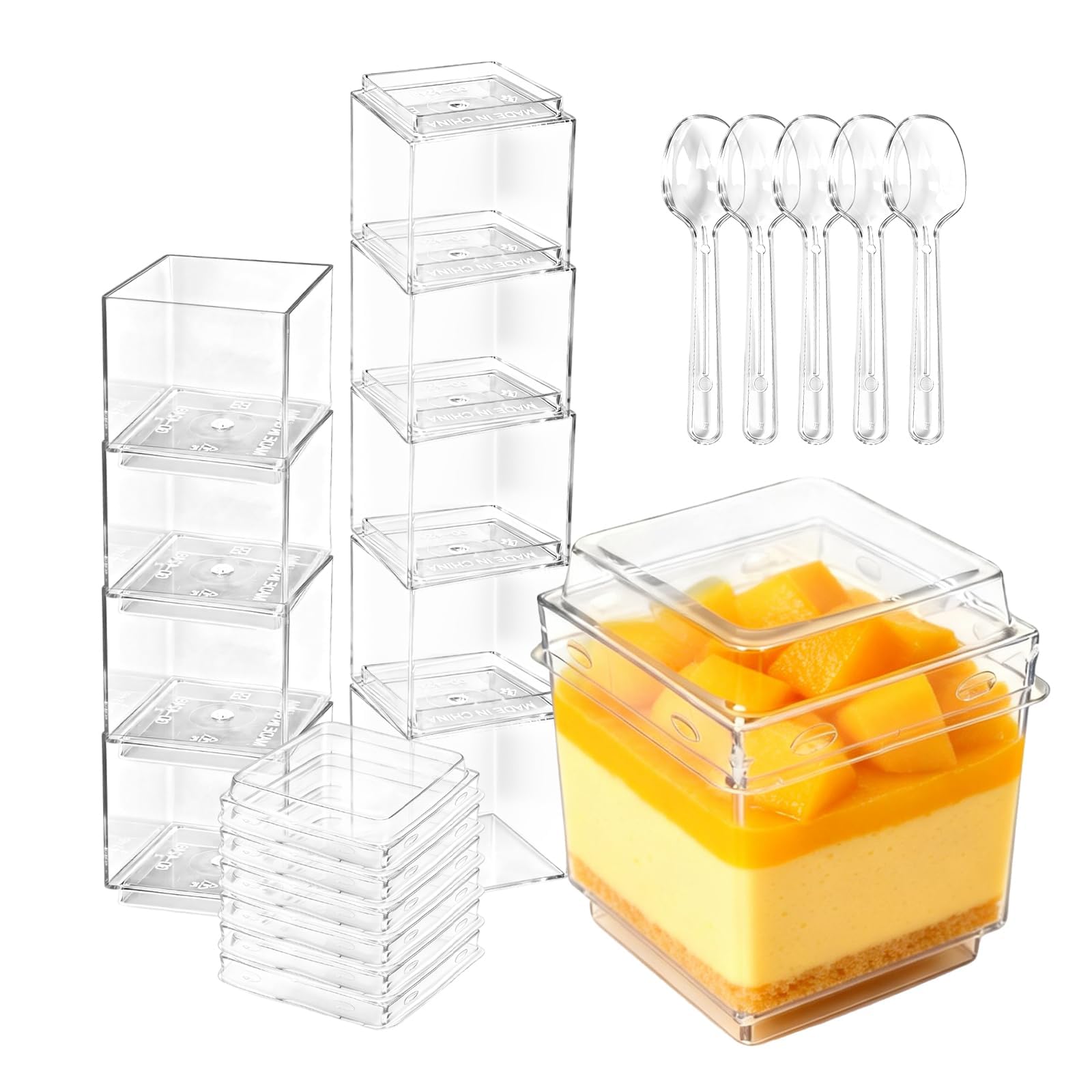 100 Pack 3 oz Mini Plastic Dessert Cups with Lids and Spoons, Disposable Clear Pudding Parfait Jello Shooter Cups Tiramisu Containers, Square Party Serving Bowls for Fruit Ice Cream Yogurt Nut