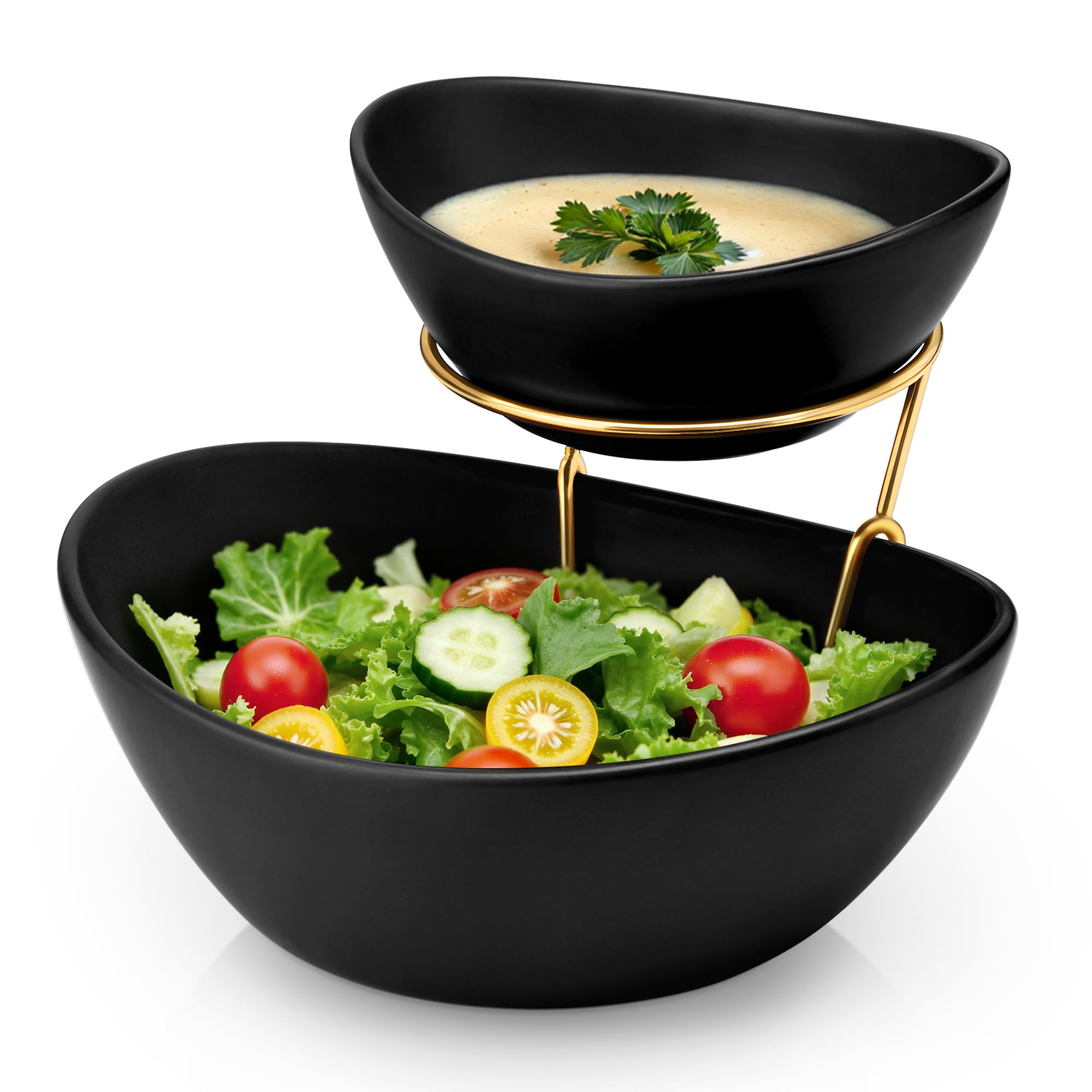 MALACASA Obstschale Etagere mit 2 Etagen, Servierschüssel aus Keramik, Salatschüssel mit Dip-Schale & Metallgestell für Party Buffet, Vielseitiges Servierset für Salat/Obst/Snacks/Gemüse, Weiß