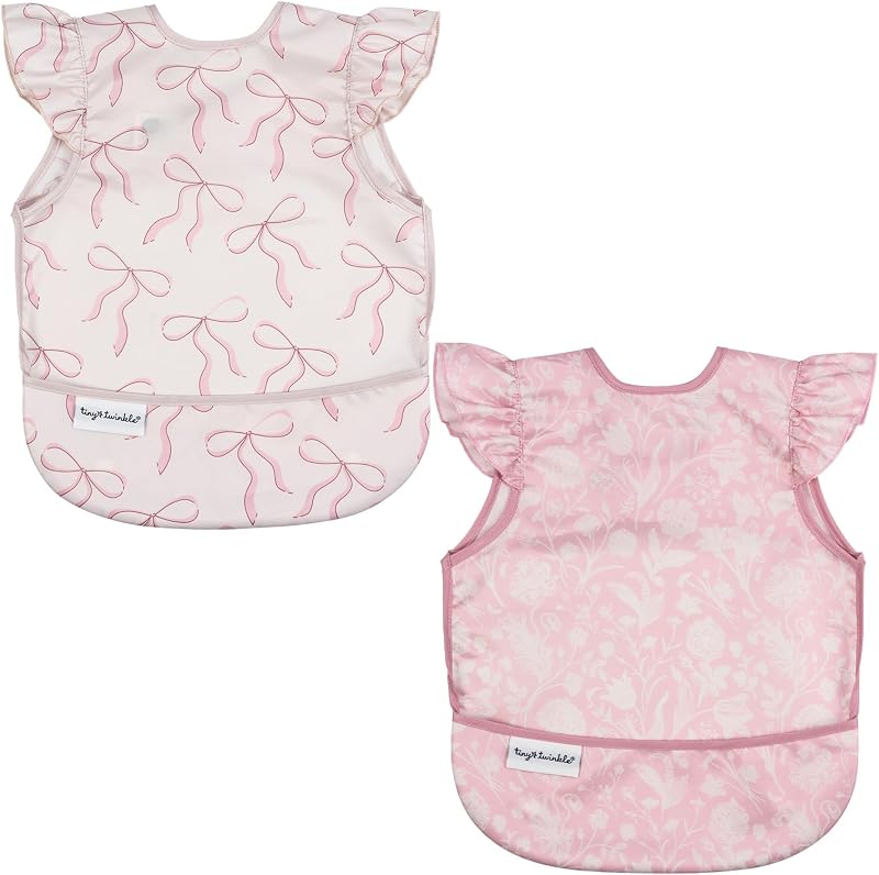 Mess Proof Baby Bibs | 2 Pack Waterproof Toddler Bib for Eating | Baby Apron for Feeding, Machine Washable, Perfect Shower Gift (Bows,Toile, 6–24M)