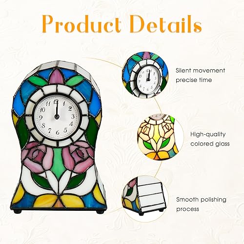 Miniatura 3 de Lámpara de mesa estilo Tiffany con forma de campana con patrón de rosas, lámpara de reloj creativa, luz de vitral, decoración, dormitorio, mesita de
