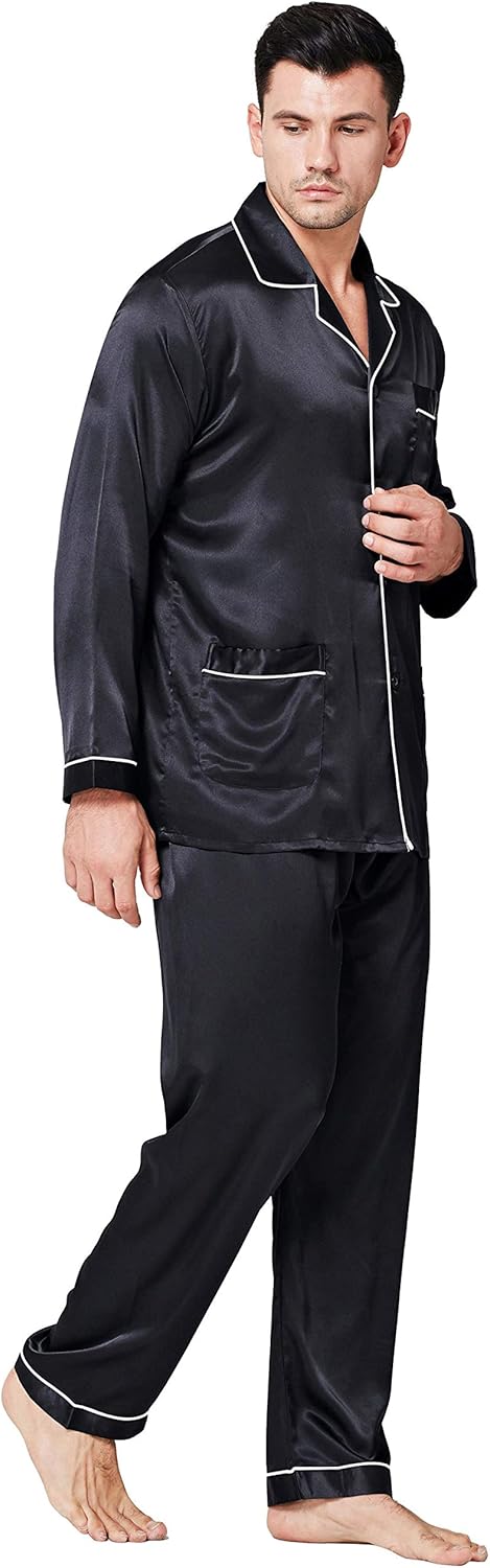 Lonxu Pajamas Set Mens Silk Satin Pajamas Long Sleeve Loungewear Two-Piece Sleepwear Button-Down Pj Set S-XXXXL - Image 2