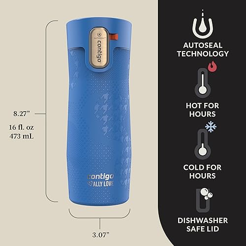 Miniatura 50 de Contigo Autoseal West Loop - Taza de viaje de acero inoxidable con aislamiento de vacío (16 oz, acero inoxidable/azul Mónaco, 2 unidades)