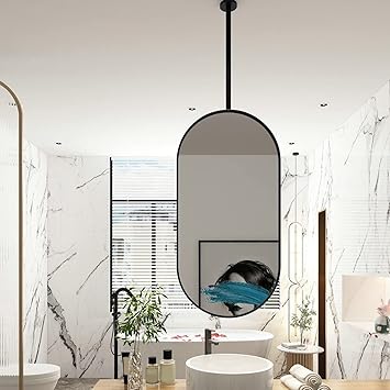 Wall Mounted Oval Mirror for Bathroom,Ceiling Mounted Mirror with Black Metal Frame, Home Decorative Hanging Vanity Mirror for Bathroom Living Room(40x60cm(16x24inch), Black)
