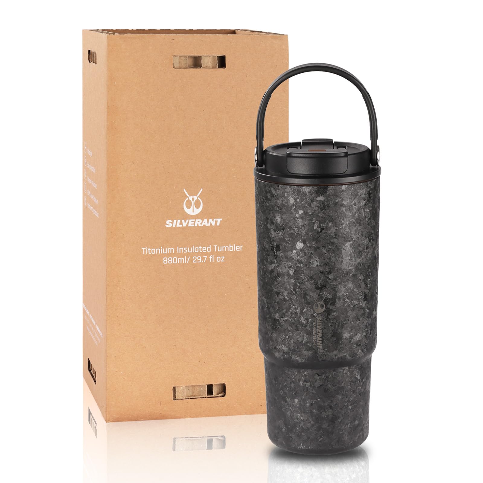 SILVERANT Gobelet isotherme en titane - 880 ml / 29,7 oz avec poignée et double paille intégrée au couvercle - Compatible avec les porte-gobelets de voiture - Noir cristallisé