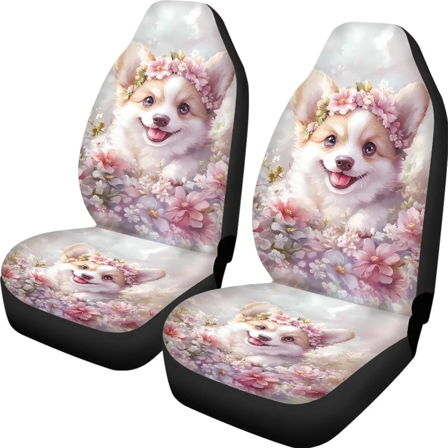 Vehicle Seat Cover 2 Pcs Car Front Seat Covers Pink Floral Corgi Dog Print Automotive Accessories Breathable High Back Bucket Seat Protector Fit Most Van Sedan