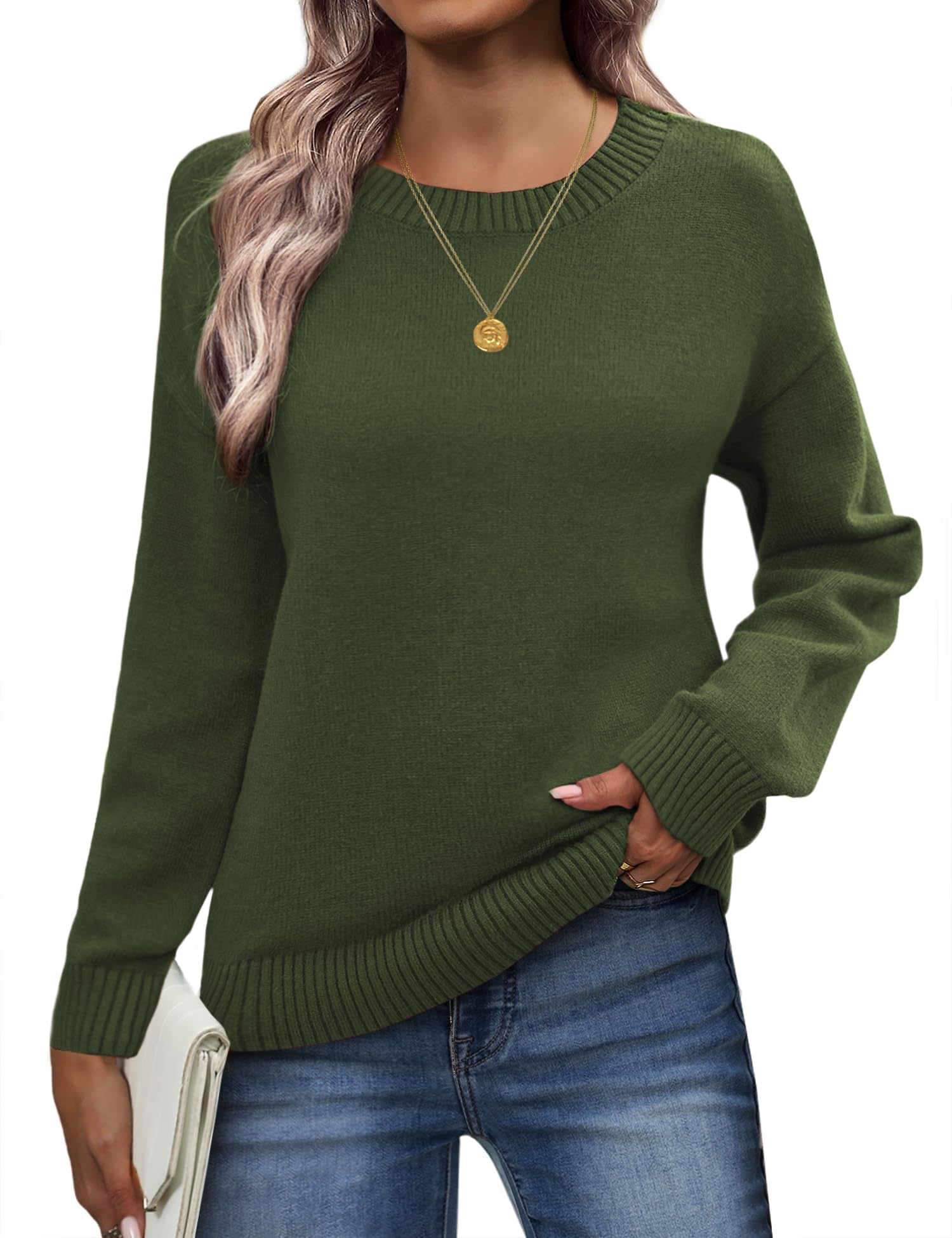 Zeagoo Long Sleeve Sweaters for Women 2026 Fall Crewneck Ribbed Knit Pullover Sweater Loose Fit Basic Brown Sweater