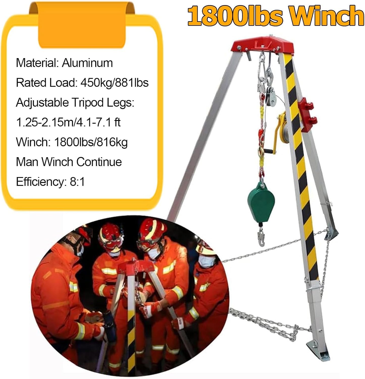 Aluminum Alloy Fall Arrest Kit - 1800 LBS Confined Space Tripod with Winch for Emergency Rescue in Underground Pipes & Harsh Environments