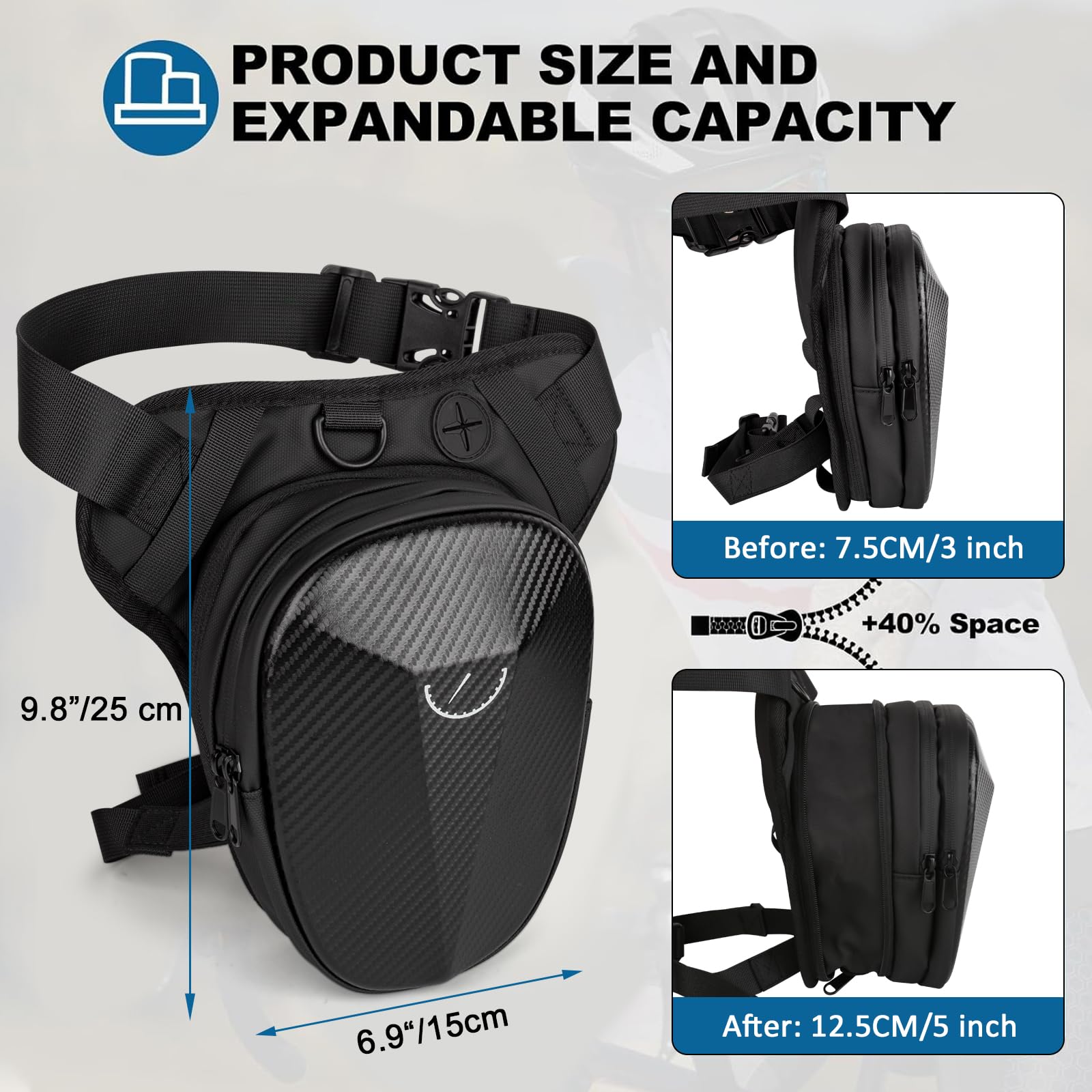 Sac tactique étanche pour moto, randonnée, cyclisme, pêche, voyage, sac à bandoulière pour homme et femme avec 40 % de rangement extensible (noir), noir, Sac de jambe de moto extensible