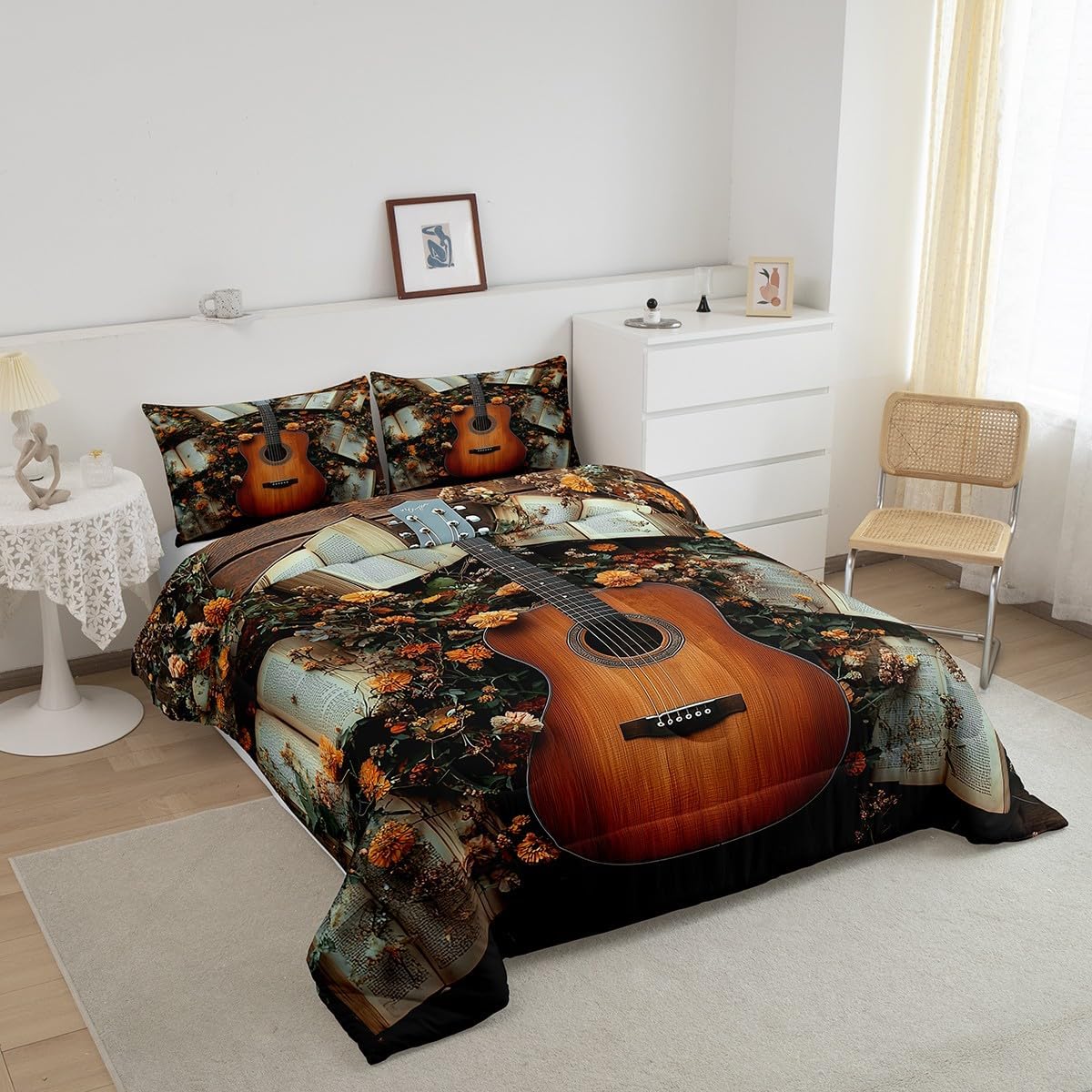 Guitar Music Kids Comforter Sets Queen,Rock Music Themed Bedding Comforter Sets,Musical Instrument Vintage Quilt Sets for Boys Girls,Watercolor Flowers Books Duvet Insert with 2 Pillowcases