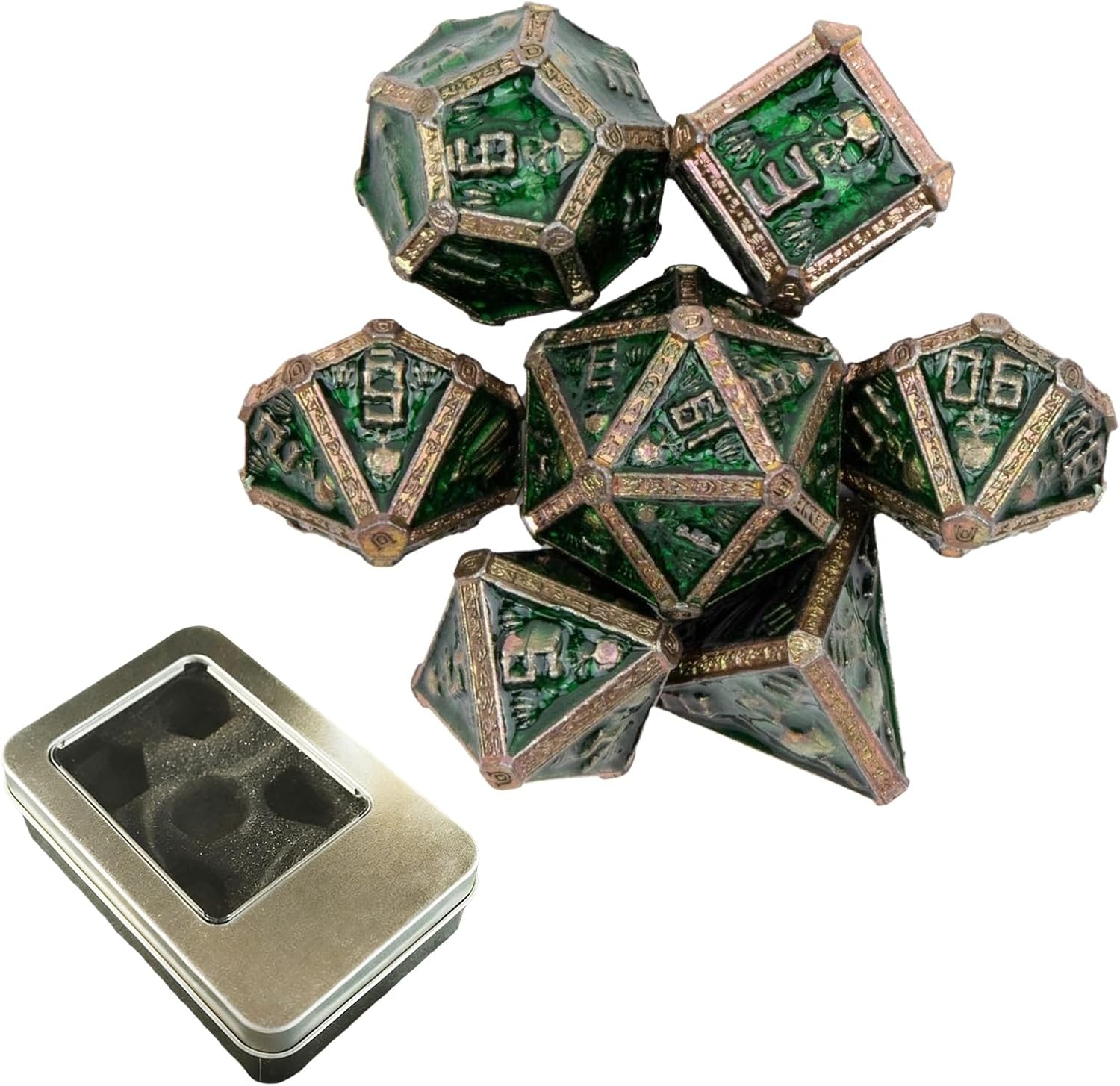 7pcs Skull Metal Dice, Solid Metal Polyhedral, Compatible with Role-Playing RPG Board Game Card Game(Green)