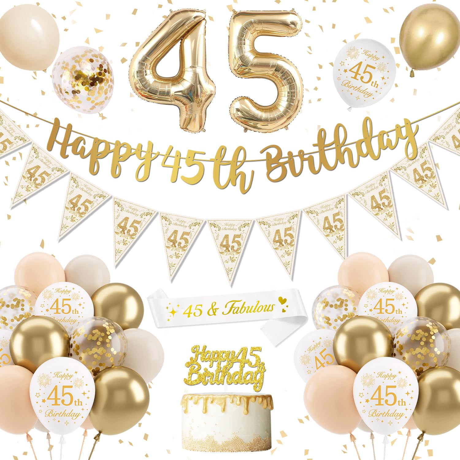 45th Birthday Decoration for Women Men, Gold White Birthday Balloons