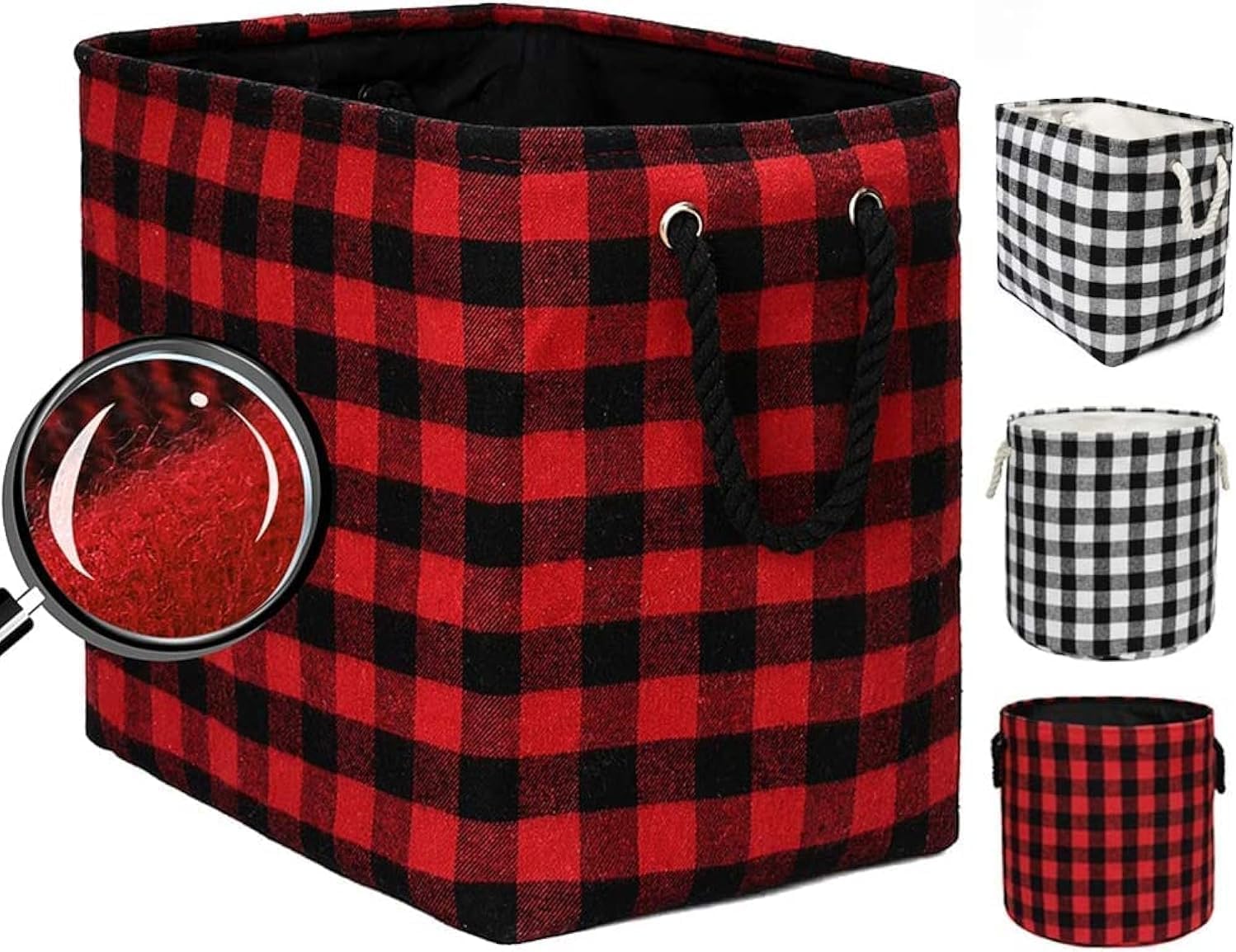 Large Rectangular Foldable Storage Laundry Baskets with Cotton Rope Handles Nursery Soft Felt Fabric Bins Delicate Home Organizer Solution, Red Black Grid, L