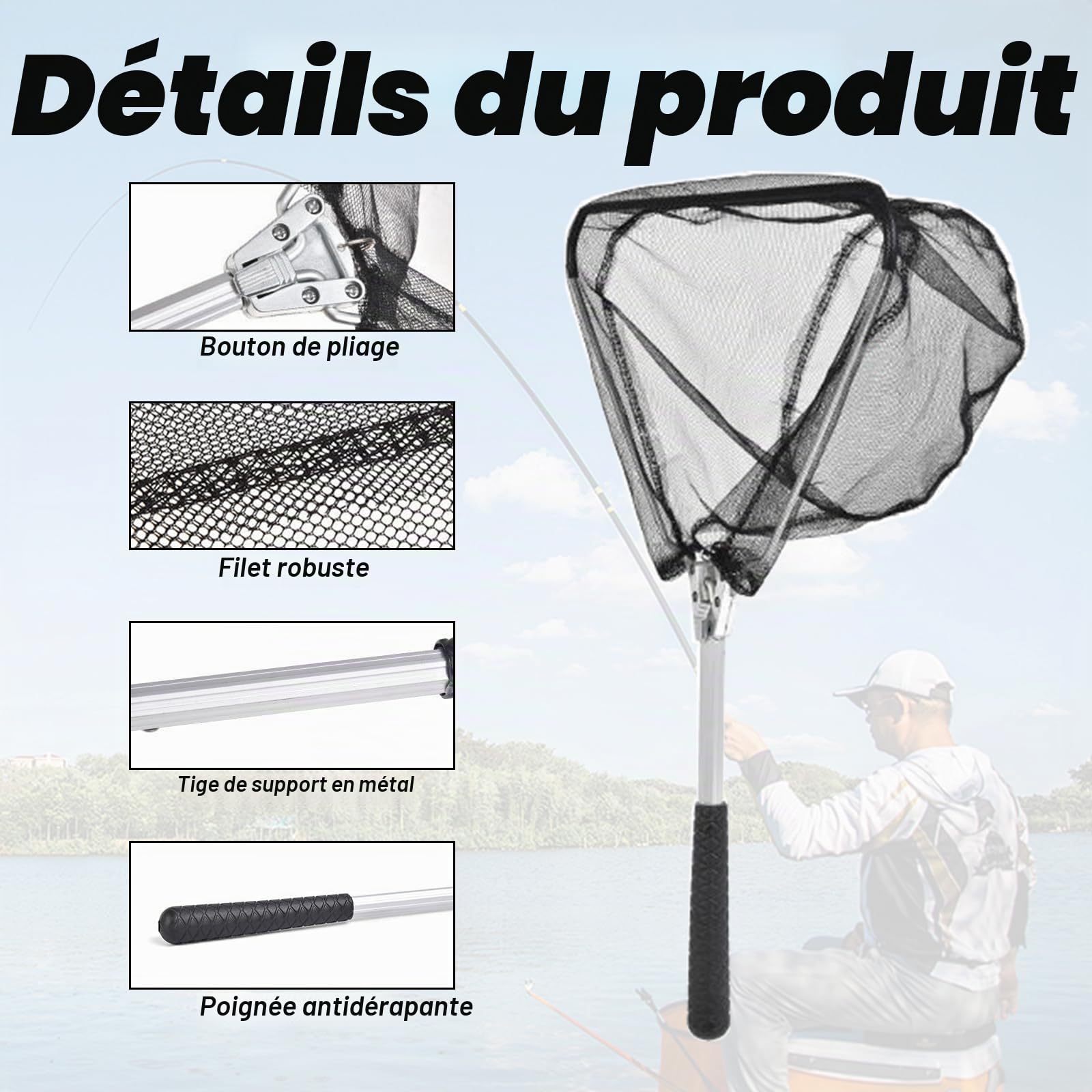 Épuisette de Pêche Pliable, Poignées Antidérapantes, Filet en Nylon, Portable, 30 x 30 cm, Profondeur 20 cm, pour Enfants et Adultes