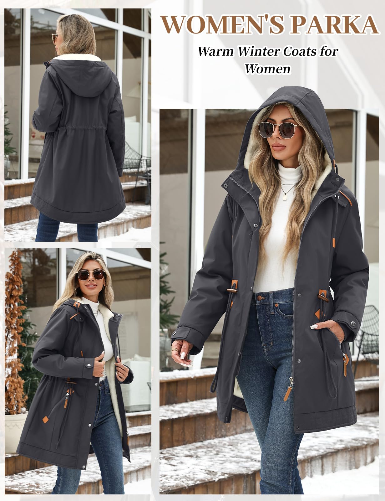 Giacca Donna Invernale Lungo Caldo Parka Cappotto con Cappuccio Autunno Invernali Giubbotto Elegante Giubbino Imbottito Casual Giacca Pile Slim Fit Outwear con Tasche