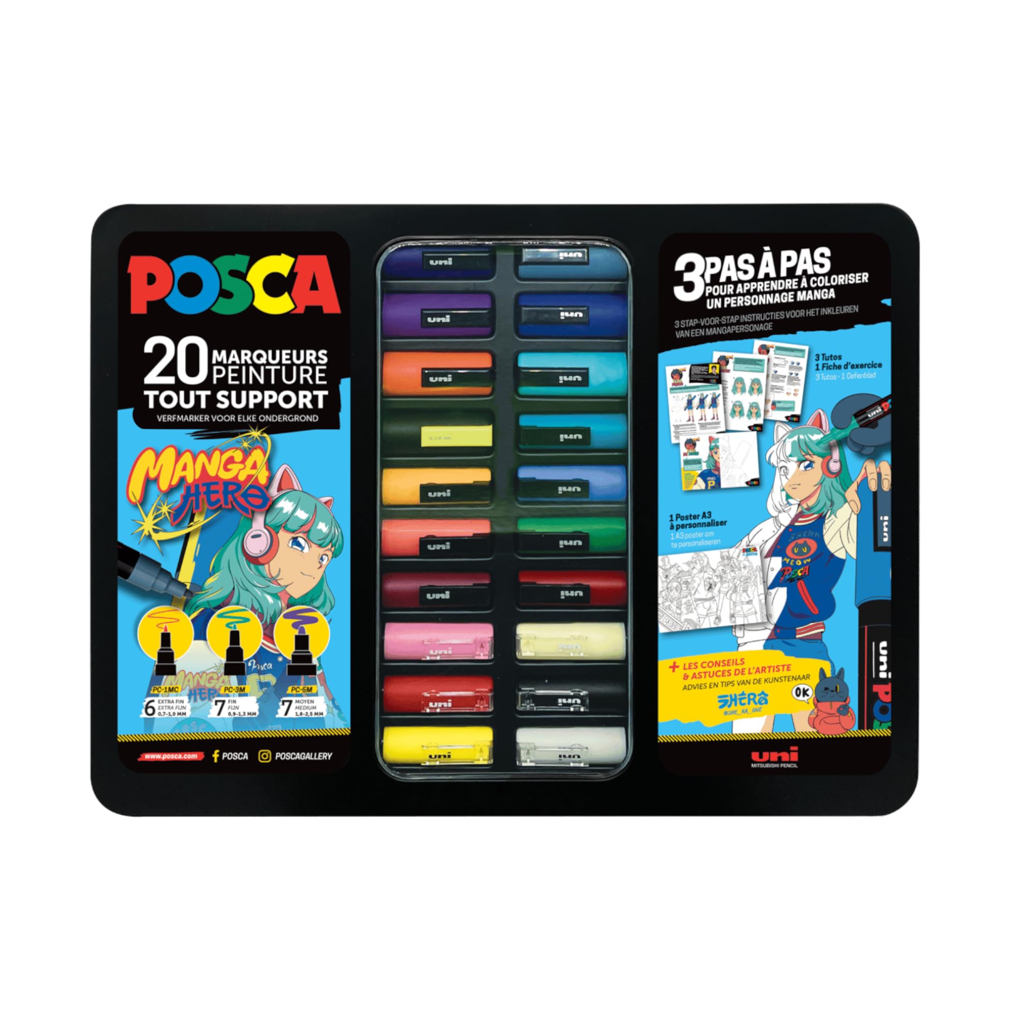 POSCA, Manga Hero Case, Set of 20 Acrylic Multi-Holder Markers, Extra Fine, Fine and Medium Tips