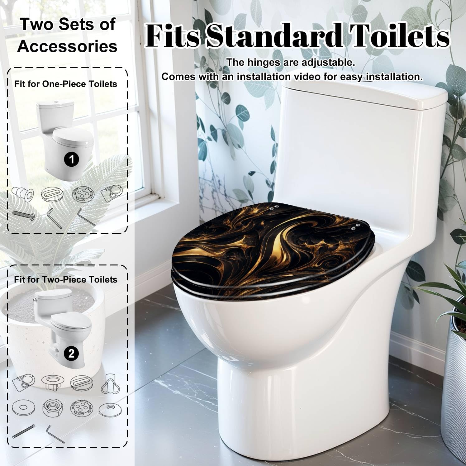 Elongated Toilet Seat Abstract marble fluid art painting alcohol ink style a black gold Resin Toilet Seat Slow Quiet Close with Quick-Release Hinges Toilet Seat with Cover Easy to Clean Install