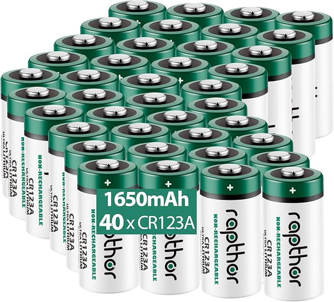 rapthor 40 Pack CR123A 3V Lithium Batteries 1650mAh CR123 123A CR17345 3 Volt Photo Battery 123 Industrial Bulk (Non-Rechargeable)