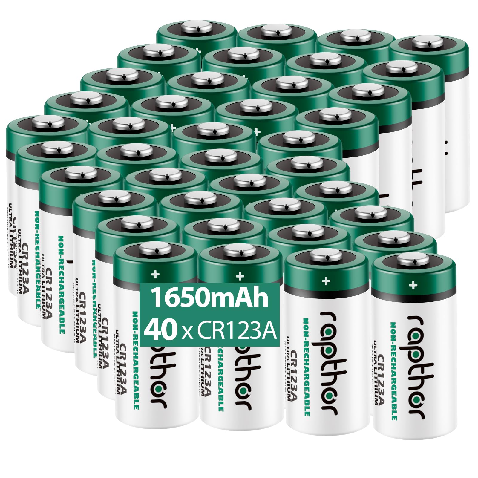 rapthor 40 Pack CR123A 3V Lithium Batteries 1650mAh CR123 123A CR17345 3 Volt Photo Battery 123 Industrial Bulk (Non-Rechargeable)