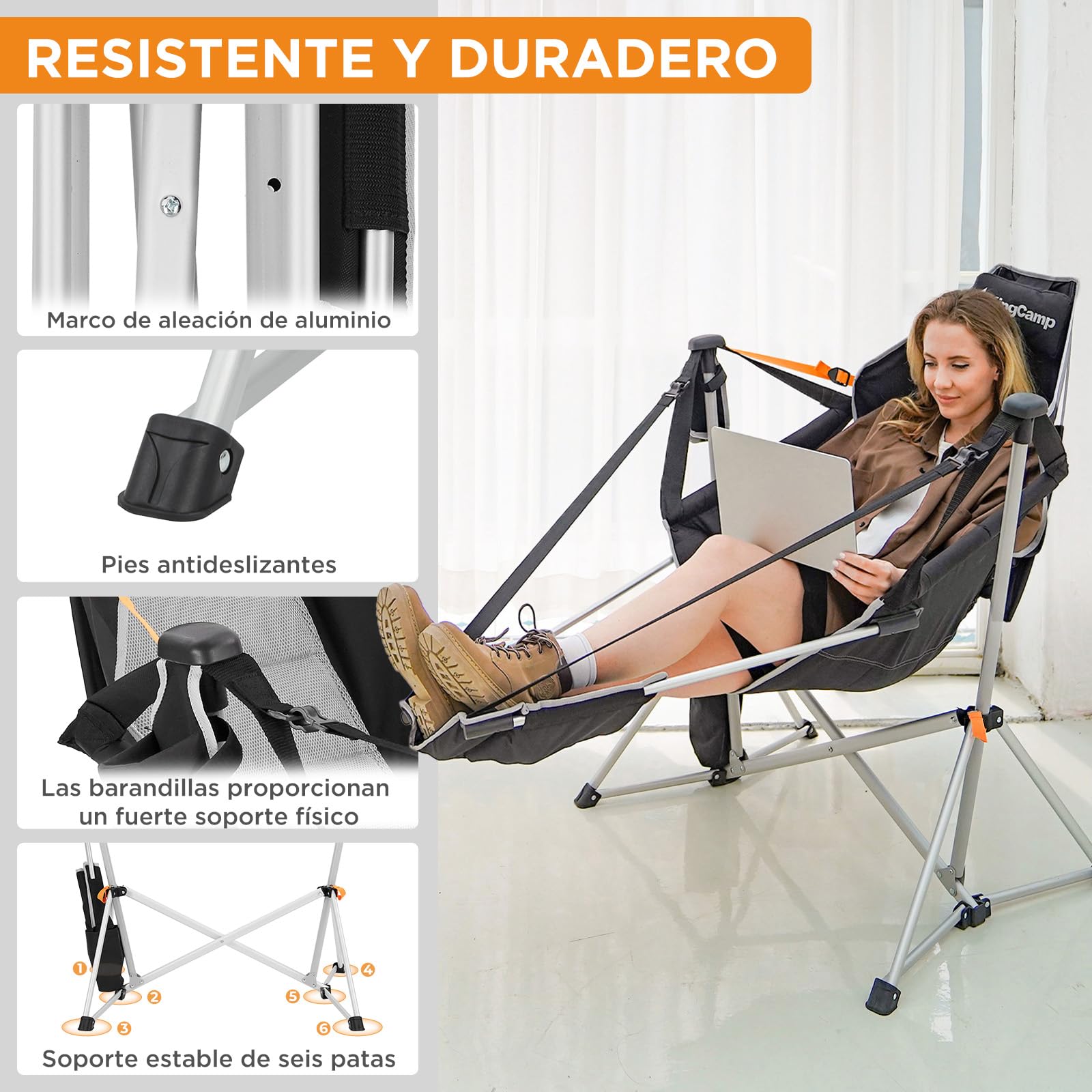 KingCamp Silla Mecedora de Camping con Reposapiés Plegable Negra | Respaldo Reclinable 90-130°, Balanceo Suave, Hasta 180 kg, Reposacabezas, Aluminio, Portavasos para Camping y Jardín