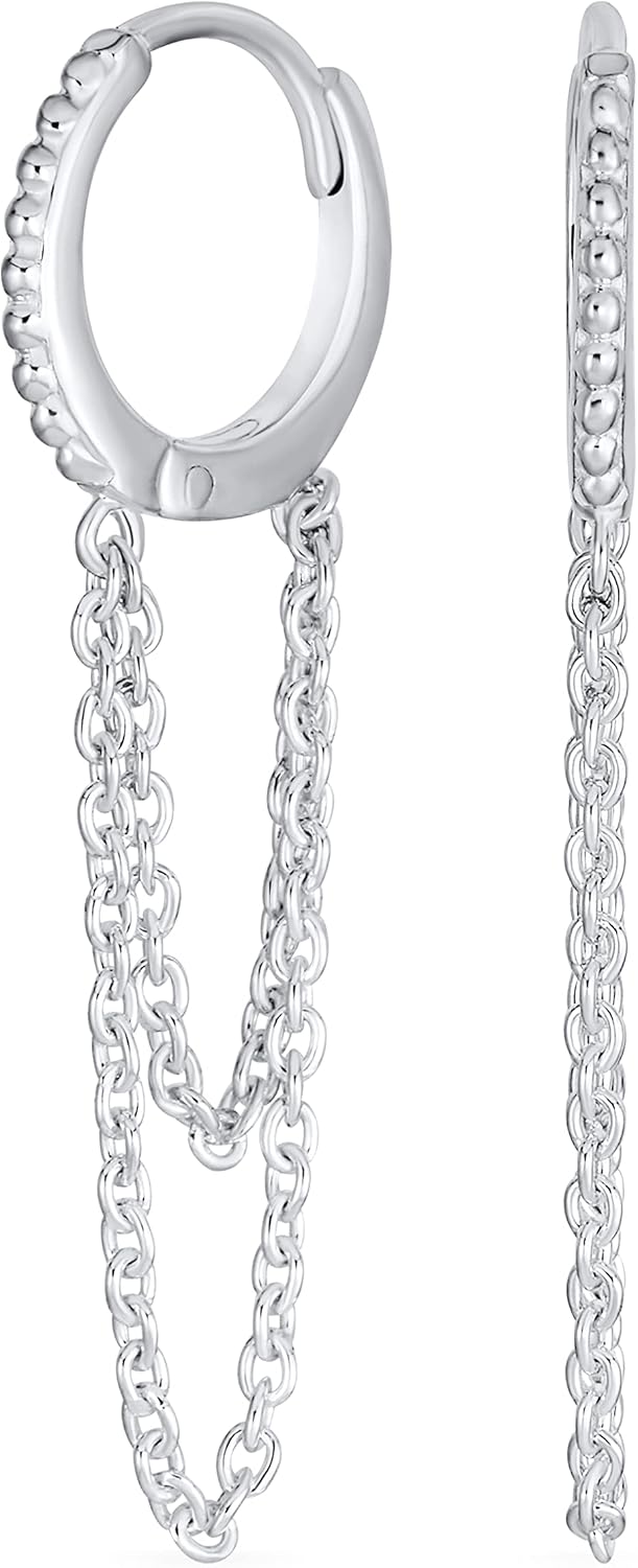 Trendy Dainty Dangling Delicate CZ Pave Accent Thin Double Chain Hinged Huggie Mini Hoop Earring For Women Teens .925 Sterling Silver