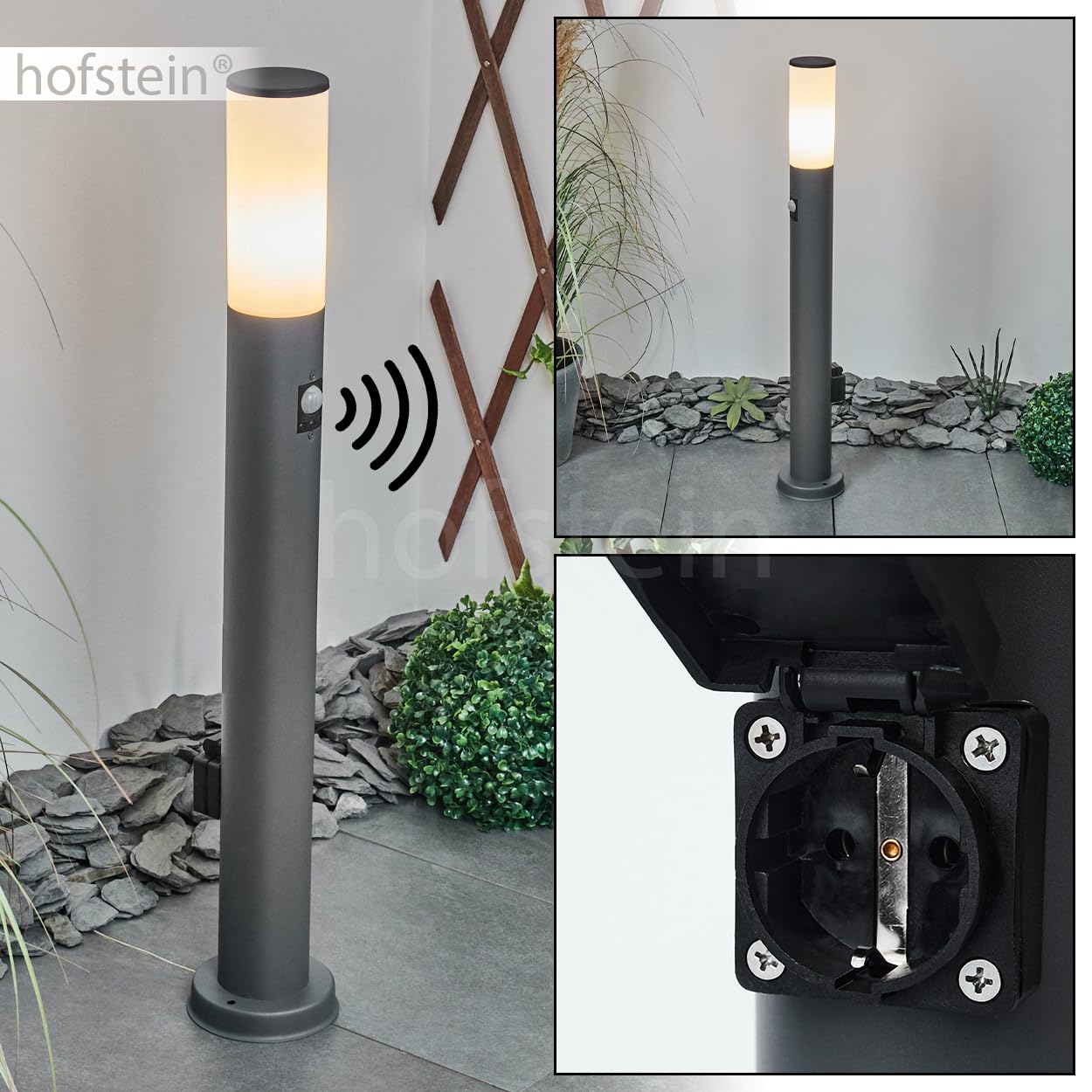 HOFSTEIN Lampada da strada Caserta, lampada da esterno con sensore di movimento e presa in metallo/plastica antracite/bianco, lampada da esterno per giardino, esterno, cortile, terrazza, altezza 80 cm