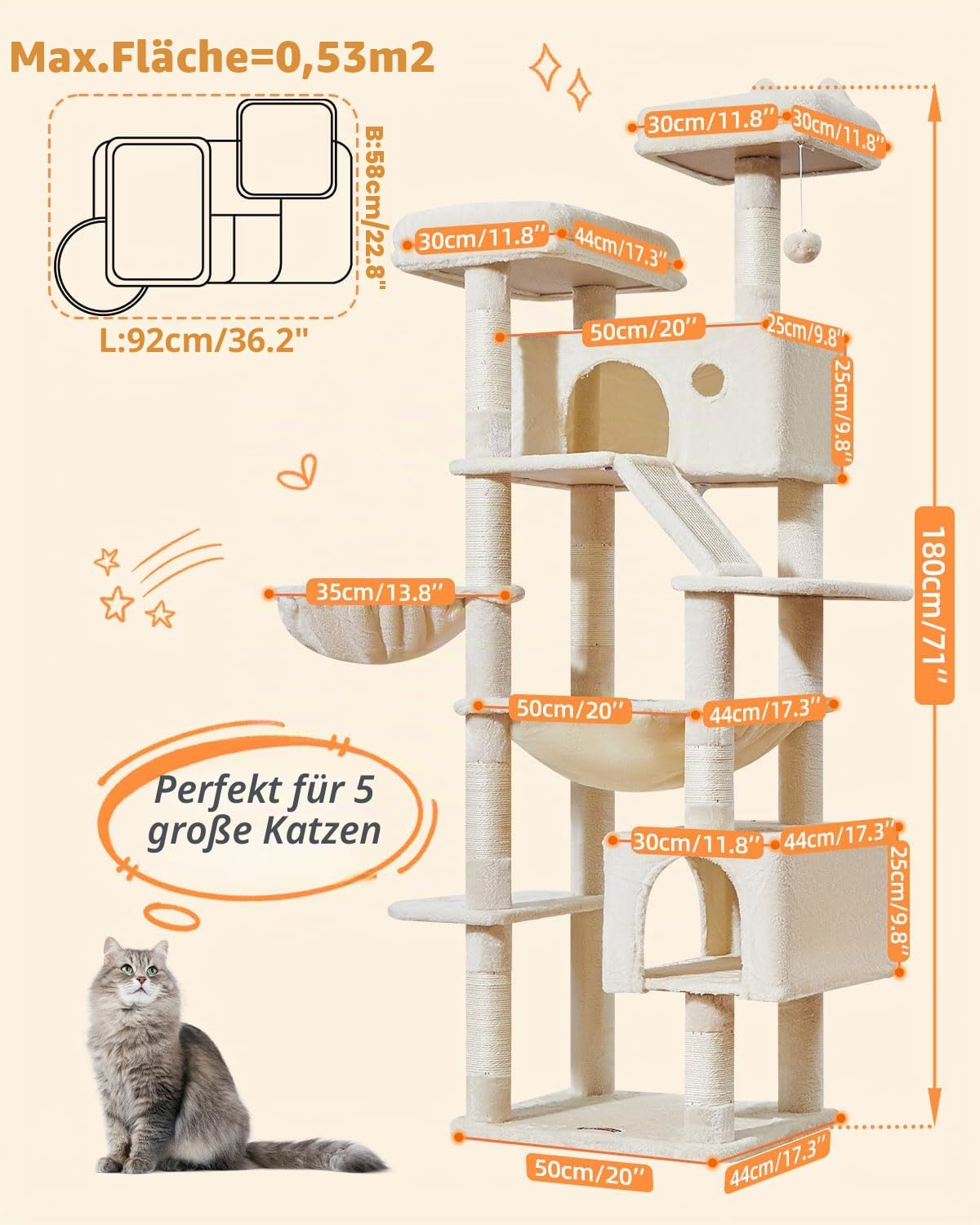 Taoqimiao 180CM Kratzbaum Groß, Katzenbaum Katzen Kratzbaum Grosse Katzen Stabil mit 2 Katzenhaus, Metallhängematte, Korb, 8 Kratzsäulen, Katzenkratztafel, MS026LM Beige