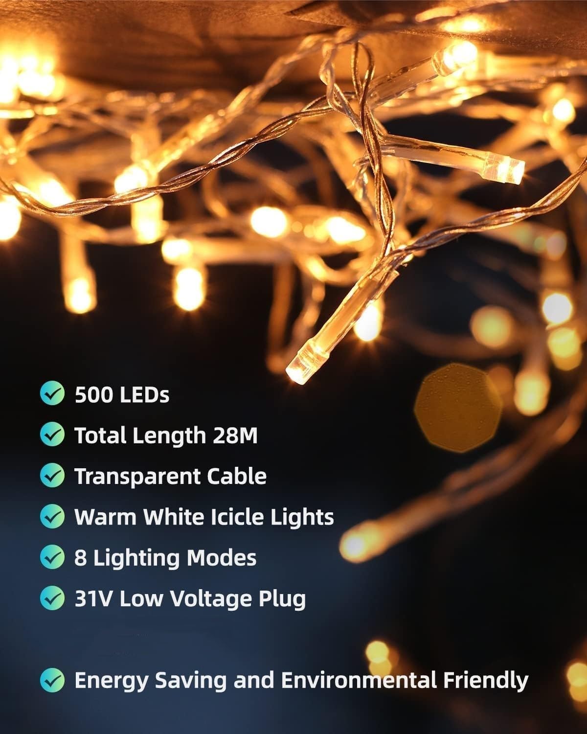 LEDYA Łańcuch świetlny z 500 diodami LED, do użytku na zewnątrz, 18 m, oświetlenie bożonarodzeniowe, ciepła biel, wodoszczelna, z 8 trybami pracy i timerem, do okien, okapów, przedsionków, poręczy