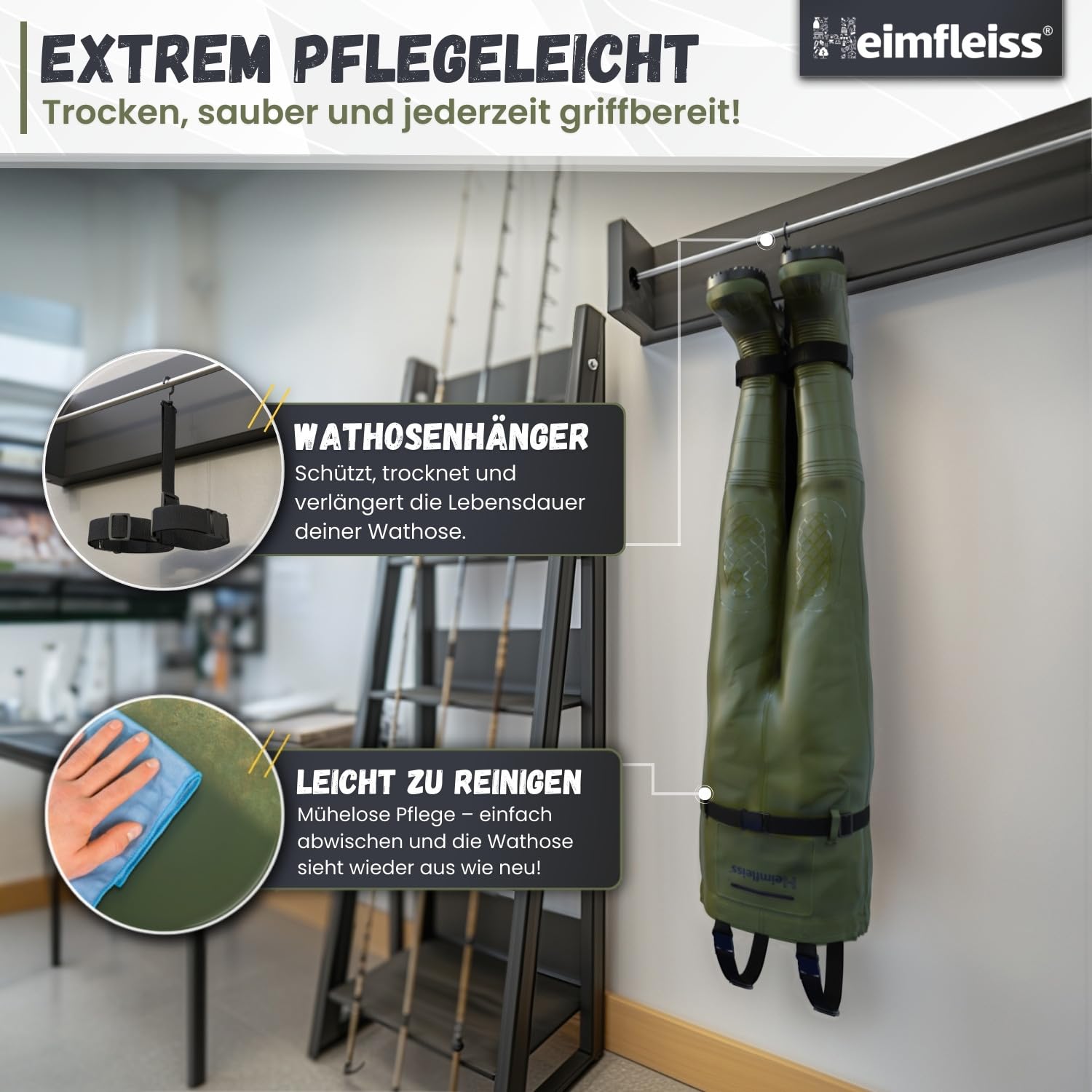 Heimfleiss® Wathose Herren Wasserdicht mit Stiefel | Unisex Nylon Anglerhose inkl. Zubehör | rutschfeste Fischerhose zum Angeln oder zur Teichreinigung | Wader Watthose Teichhose Angelhose
