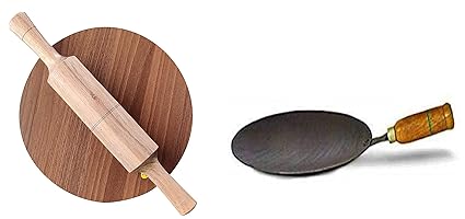 Duodeno Iron Tawa with Wooden Handle for Roti with Chakla Belan (Black Tawa)