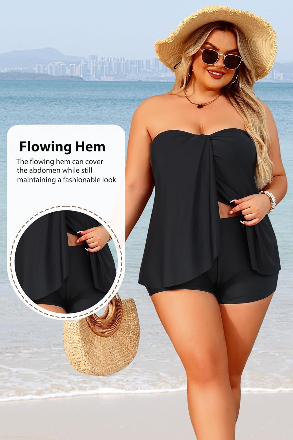 Daci Plus Size Bandeau Tankini Swimsuit for Women 2 Piece Halter Swim Top with Shorts Tummy Control Bathing Suits