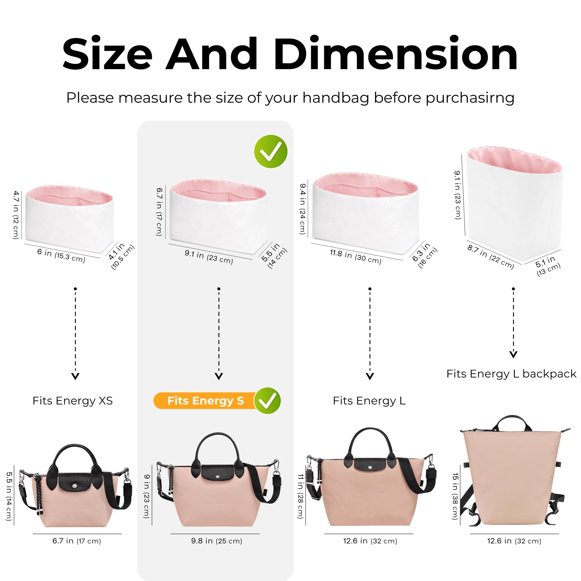 Organizador de bolsa de mano para bolso Le Pliage Energy S, ajuste personalizado en el interior Rose Sakura, ligero, resistente al agua, con accesorios para portavasos