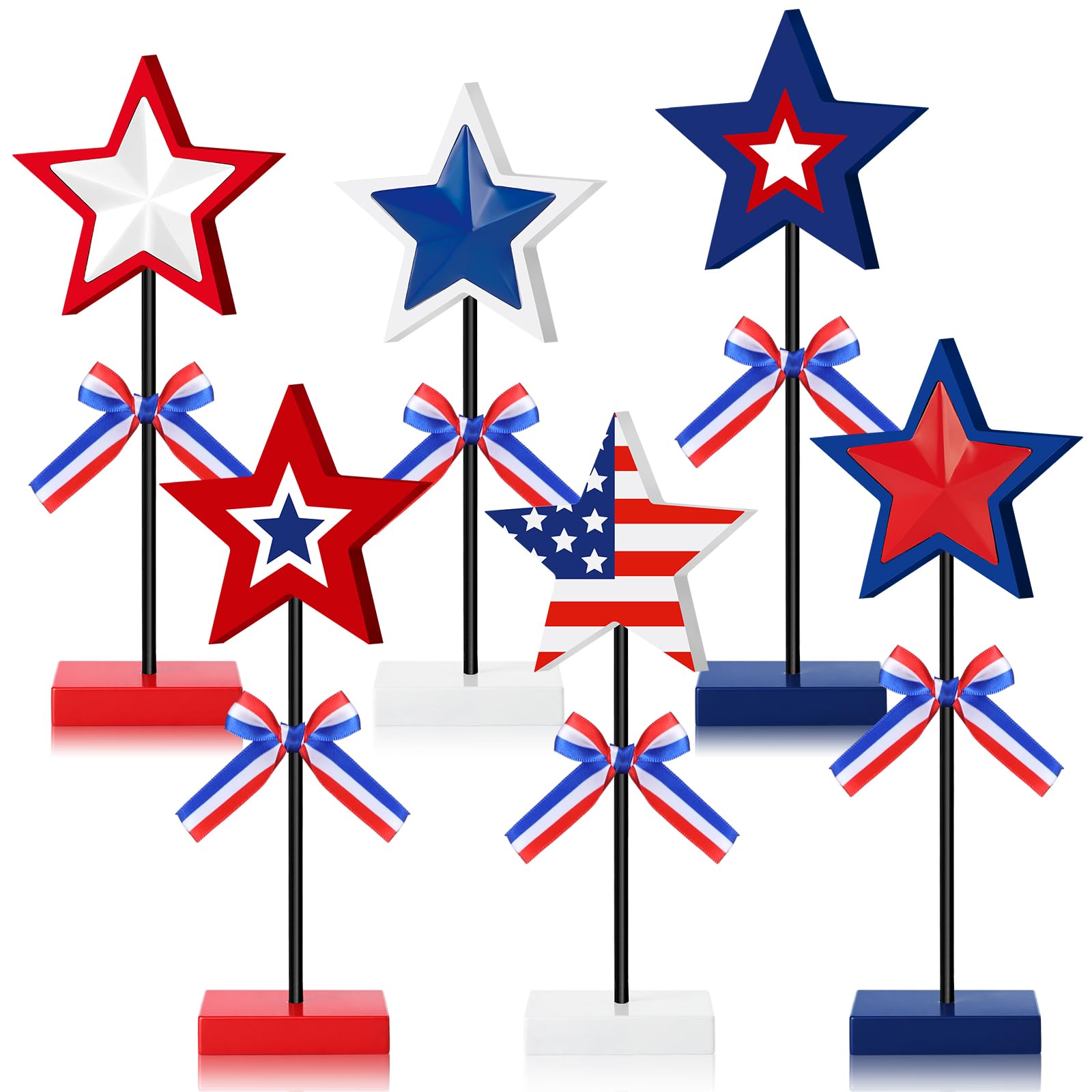 Briwooody 6 Pcs 4th of July Decoration Wooden Star Set Patriotic Tabletop Centerpiece Red White Blue Table Tiered Tray Decor for Veterans 250th Anniversary Independence Day Home Office Decor
