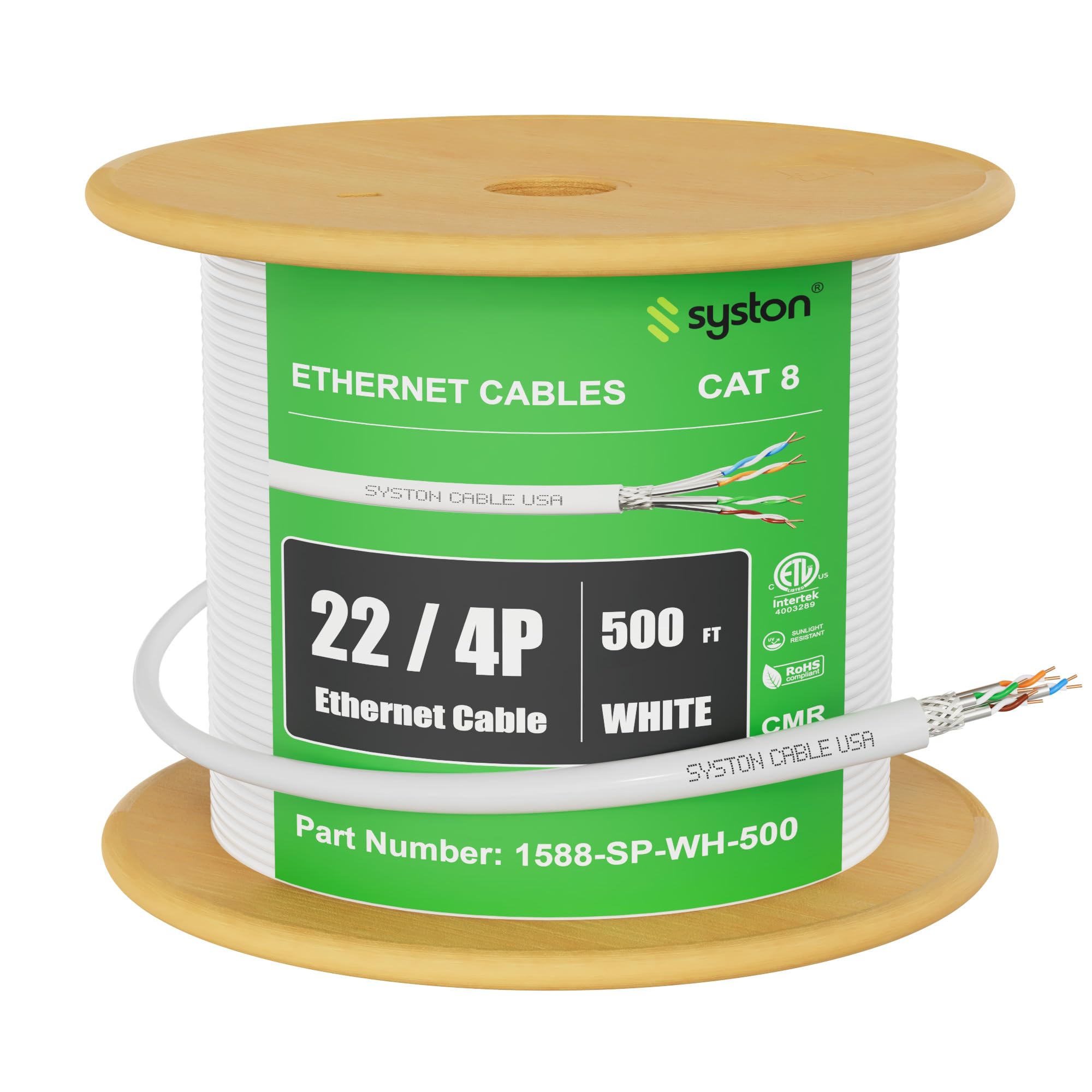 Syston Câble Ethernet Cat8 en vrac 2000 MHz 2 GHz 40 Go 152,4 m Cuivre nu S/FTP blindage tressé électromagnétique individuel 22/4 4 paires 22 AWG CMR FT4 UTP Blanc Commande à couper