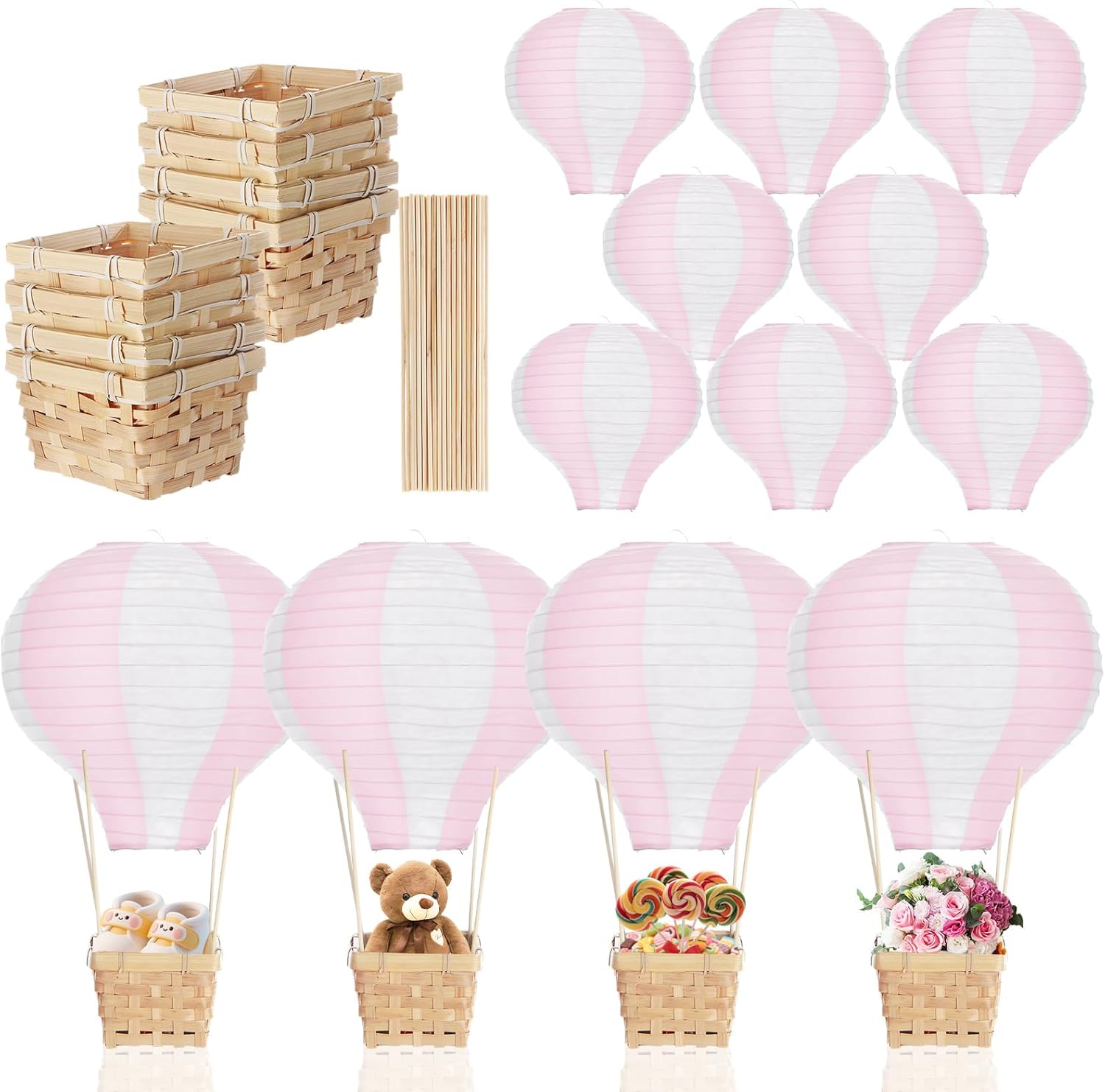 Meooeck 8 Sets Hot Air Balloon Table Centerpieces 11.8'' Paper Lanterns Woven Baskets with Sticks for DIY Gender Reveal Birthday Baby Shower Wedding Decor (Blue)