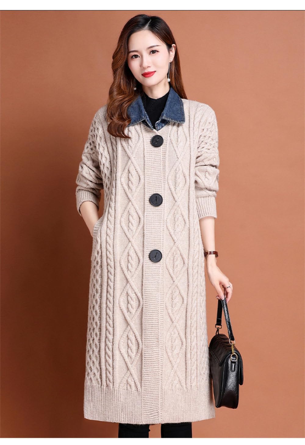 Cárdigans Largos Para Mujer,Cárdigan De Punto Grueso Con Cable Botones Delanteros Abiertos Señoras Empalme Denim Solapa Suéter Abrigo Otoño Invierno Chaqueta De Punto Cálida Suéter Prendas De