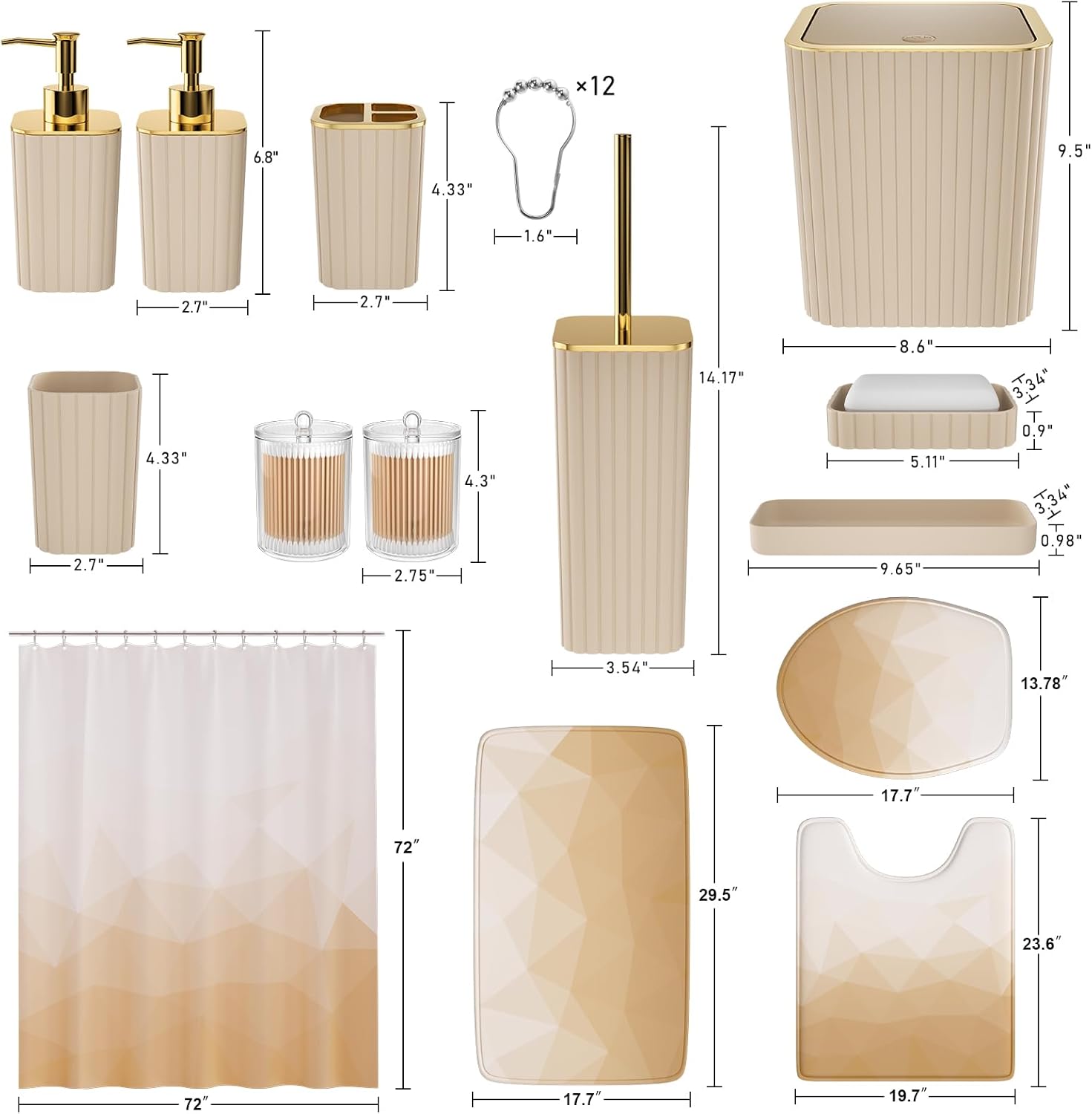 XLHOMO Bathroom Accessory Set - 26PC Bathroom Shower Curtain and Rug Set, Bathroom Accessories Set, Beige Bathroom Set with Trash Can, Toilet Brush, Qtip Holder & Soap Dispenser