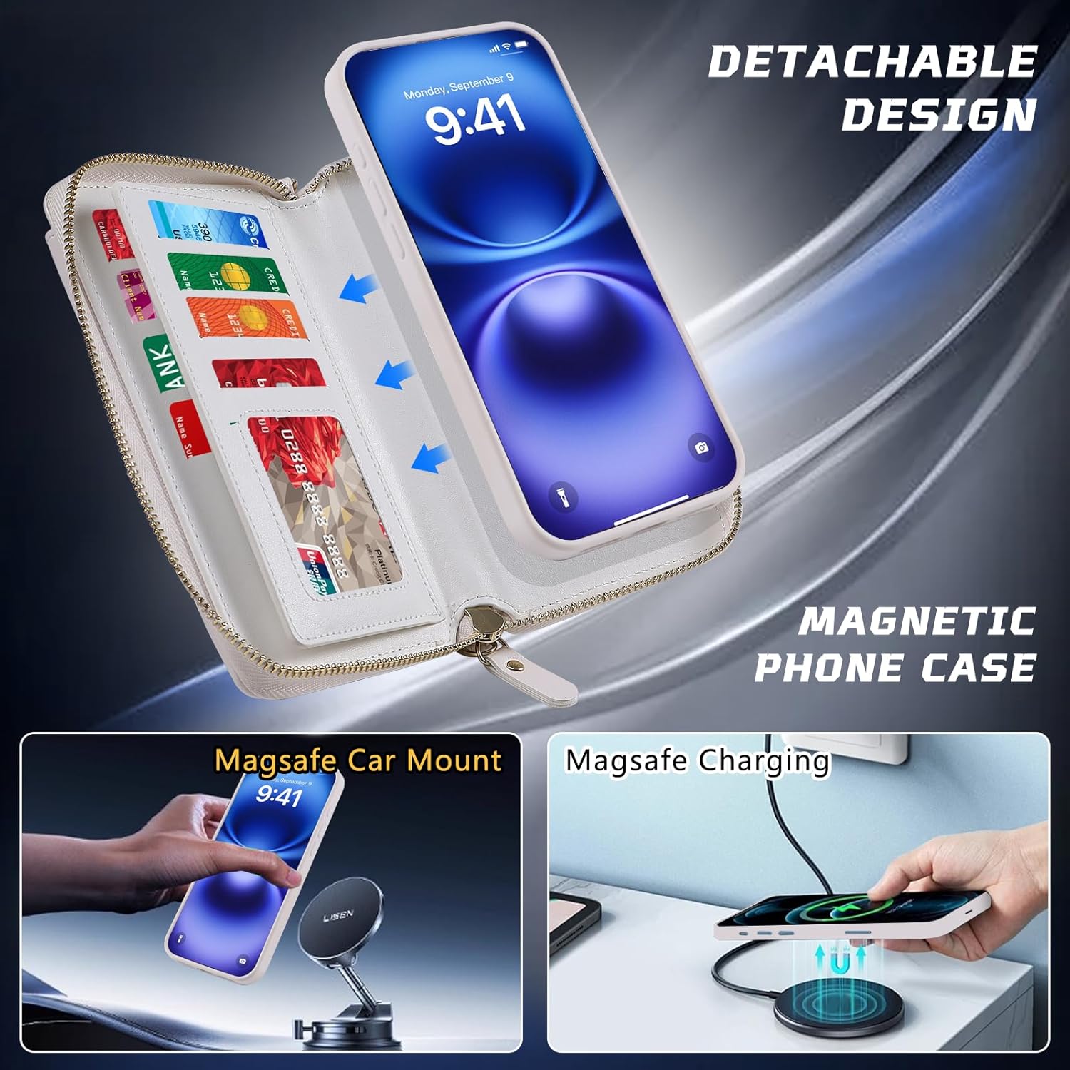 Lacass for iPhone 17 Pro Detachable Crossbody Wallet Case, Compatible with MagSafe Magnetic 2 in 1 RFID Blocking PU Leather Wallet Cover Card Holder Zipper Make Up Mirror (White) - Image 5