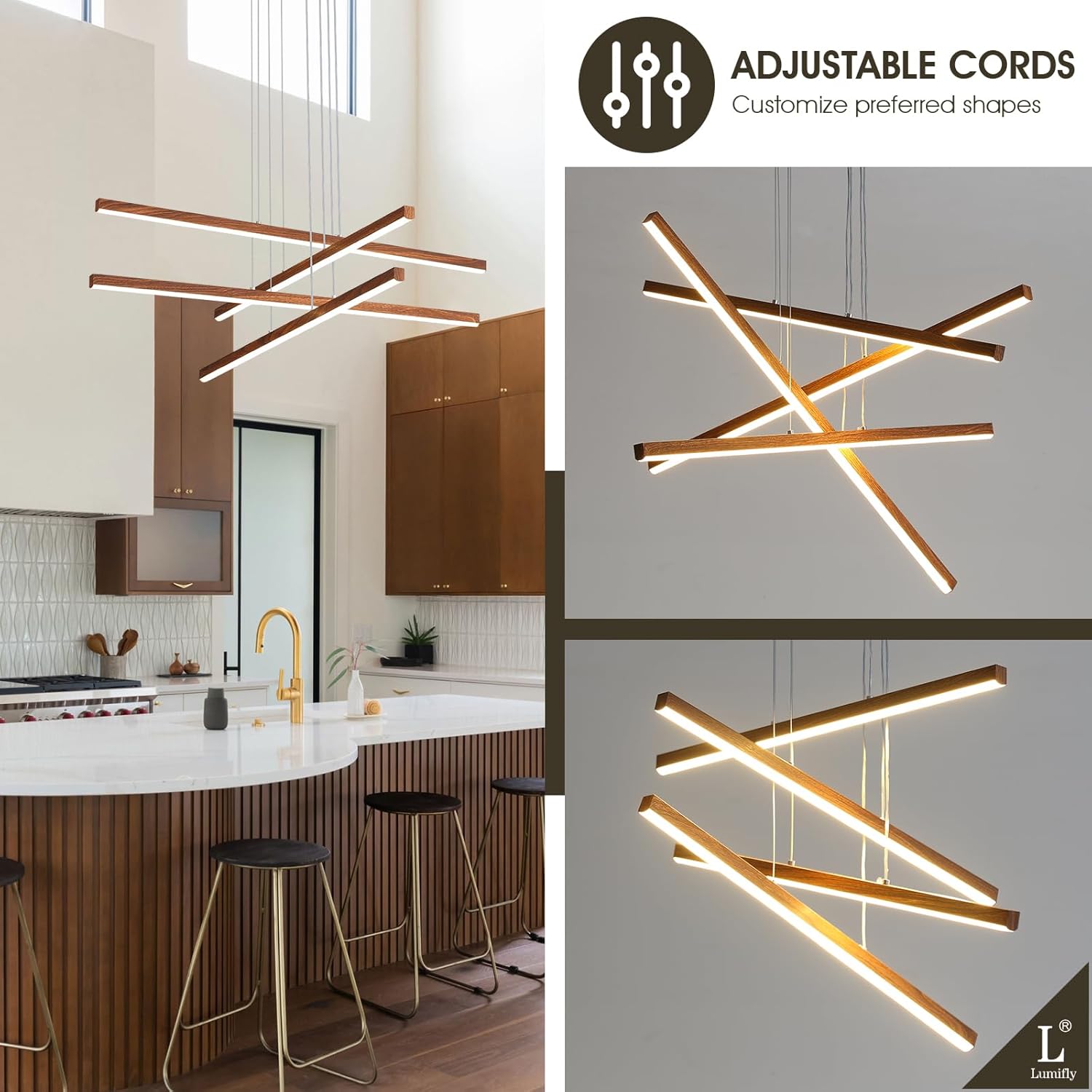 Modern Linear Pendant Light with Remote, LED Chandelier 32" Farmhouse Wood Painted Ceiling Hanging Light Fixture Large 4 Light Dimmable for Dining Room Staircase Foyer