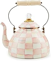 Vista 17 de MACKENZIE-CHILDS Hervidor de té esmaltado, elegante hervidor de té para estufa, cuadros reales azul y blanco, 2 cuartos