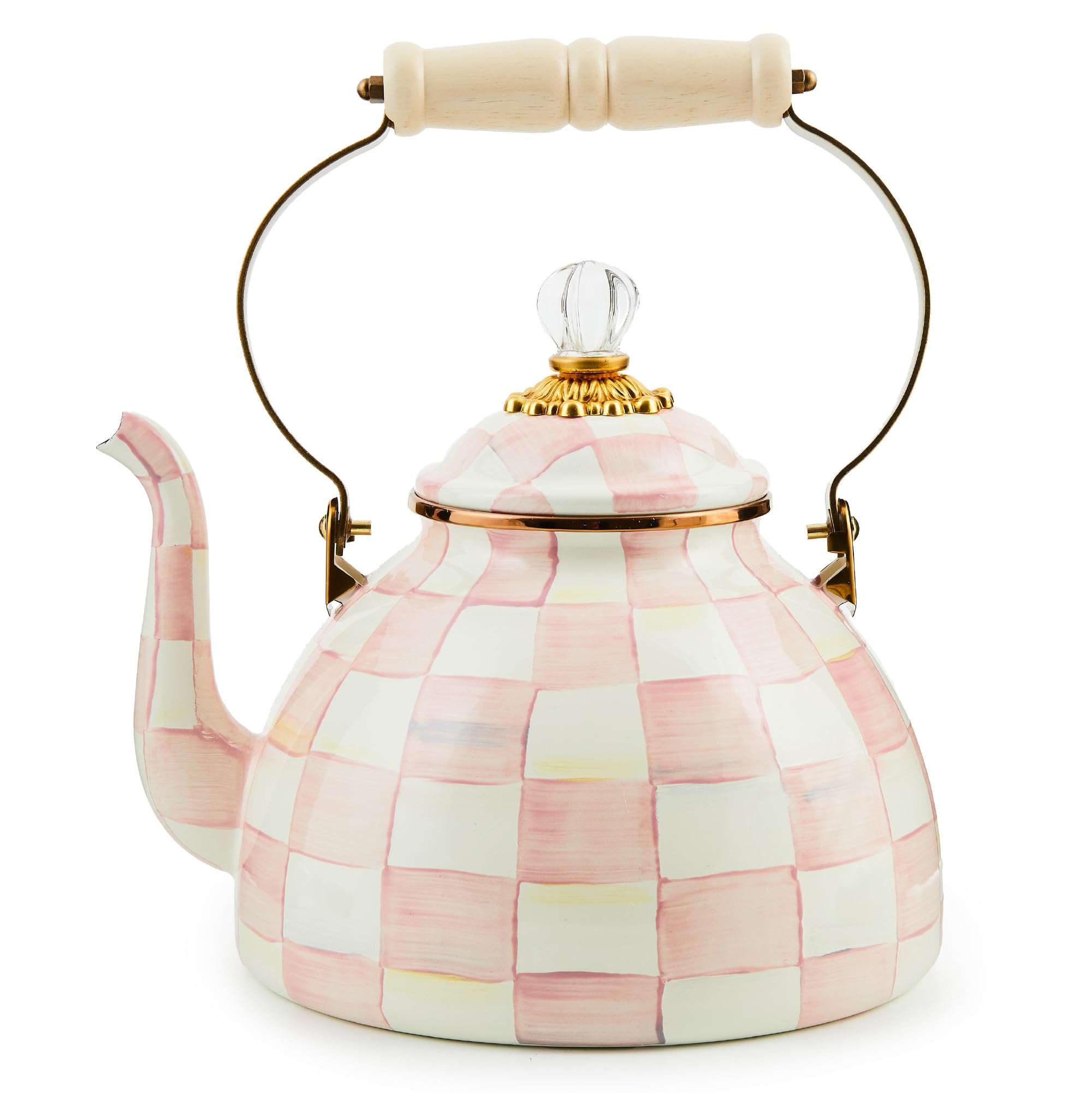 MACKENZIE-CHILDS Tea Kettle, 3 Quarts, Pink-and-White Rosy Check