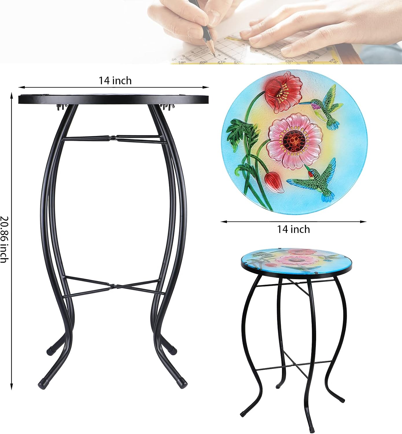 MUMTOP Outdoor Side Table-Mosaic Patio Table - Accent Table, Flowers and Hummingbirds Small Round Glass Table for Indoor Garden Decor or Plant Stand…