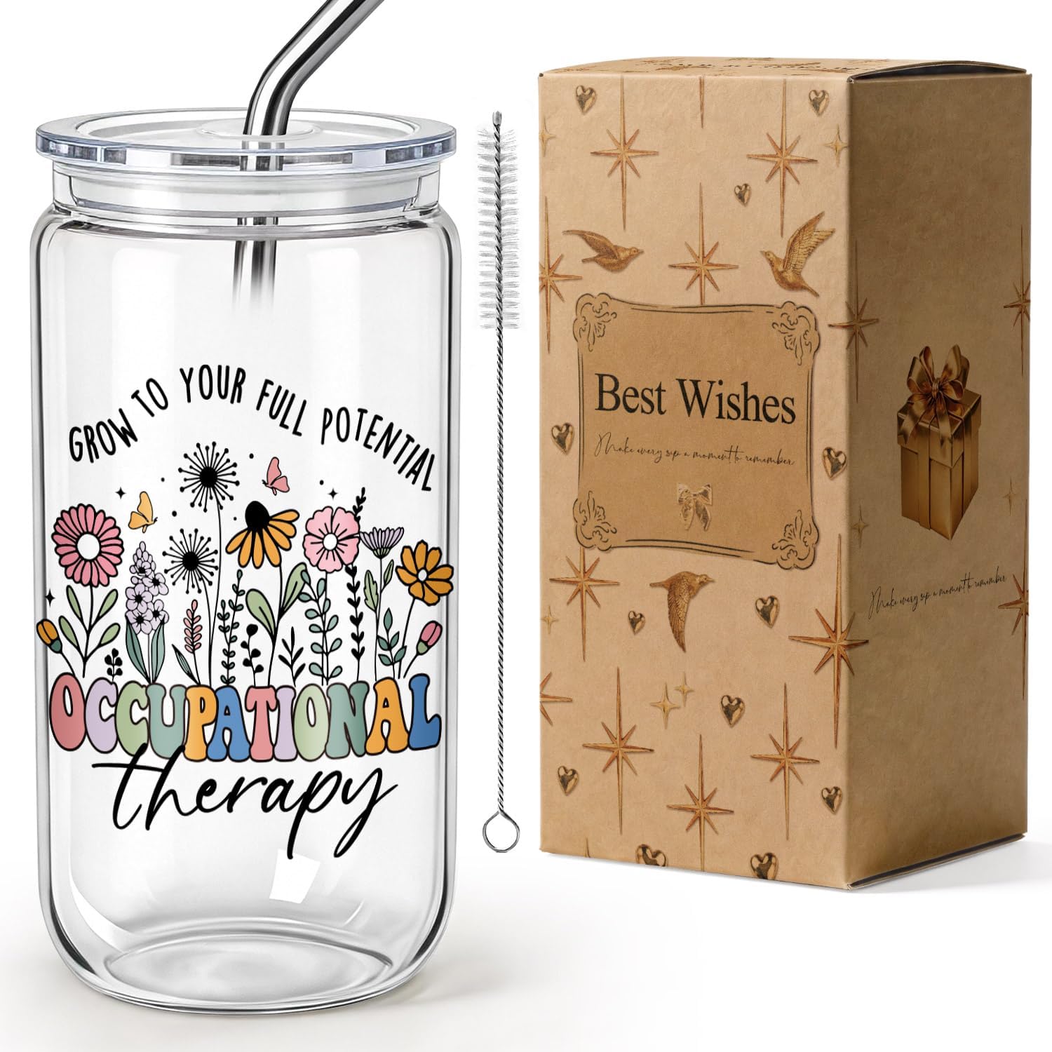 Occupational Therapy Gifts for Women OT Therapist 16Oz Glass Cups with Lids & Straws, Wildflower Inspirational Coffee Cup, Graduation Thank You Birthday Appreciation Gifts for OT Assistant Counselor