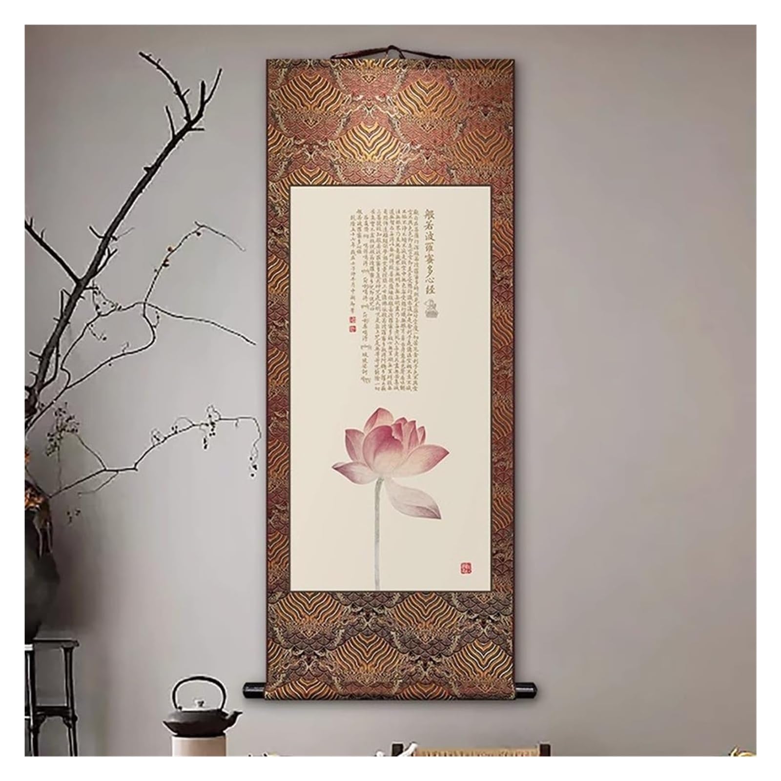 Obraz zwoju „Sutra Serca” w elegancji, pionowa dekoracja ścienna do sypialni, chińskie zawieszenie Feng Shui, kreatywny wybór prezentów(Brown A,79L x 186W cm)