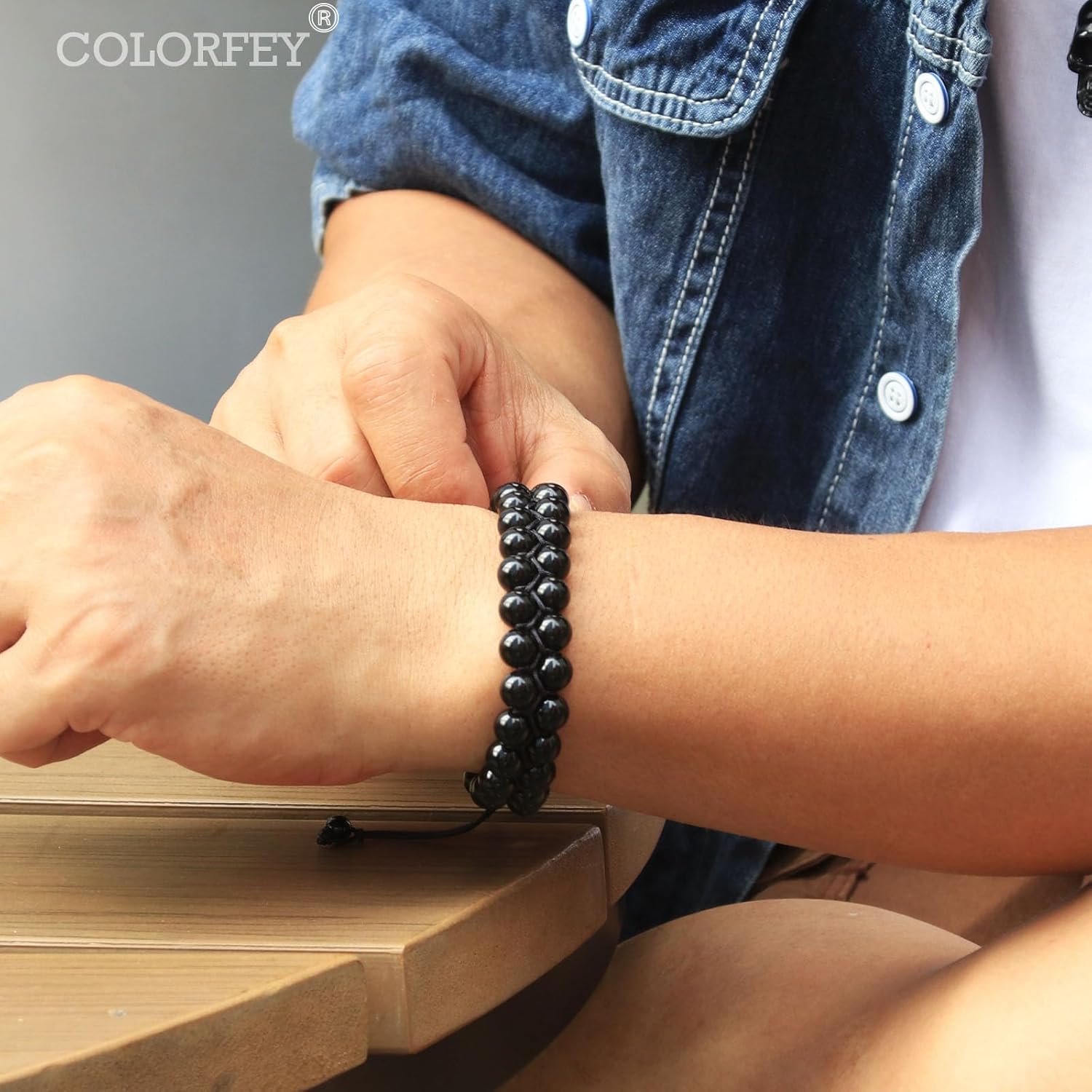 Mens Beaded Bracelet for Men - COLORFEY Authentic Tiger Eye Bracelets Handmade Obsidian Onyx Bead Bracelets 2Row, Natural Stone Protection Bracelet for Him 8mm Healing Crystal Christmas Gift for Him - Image 2