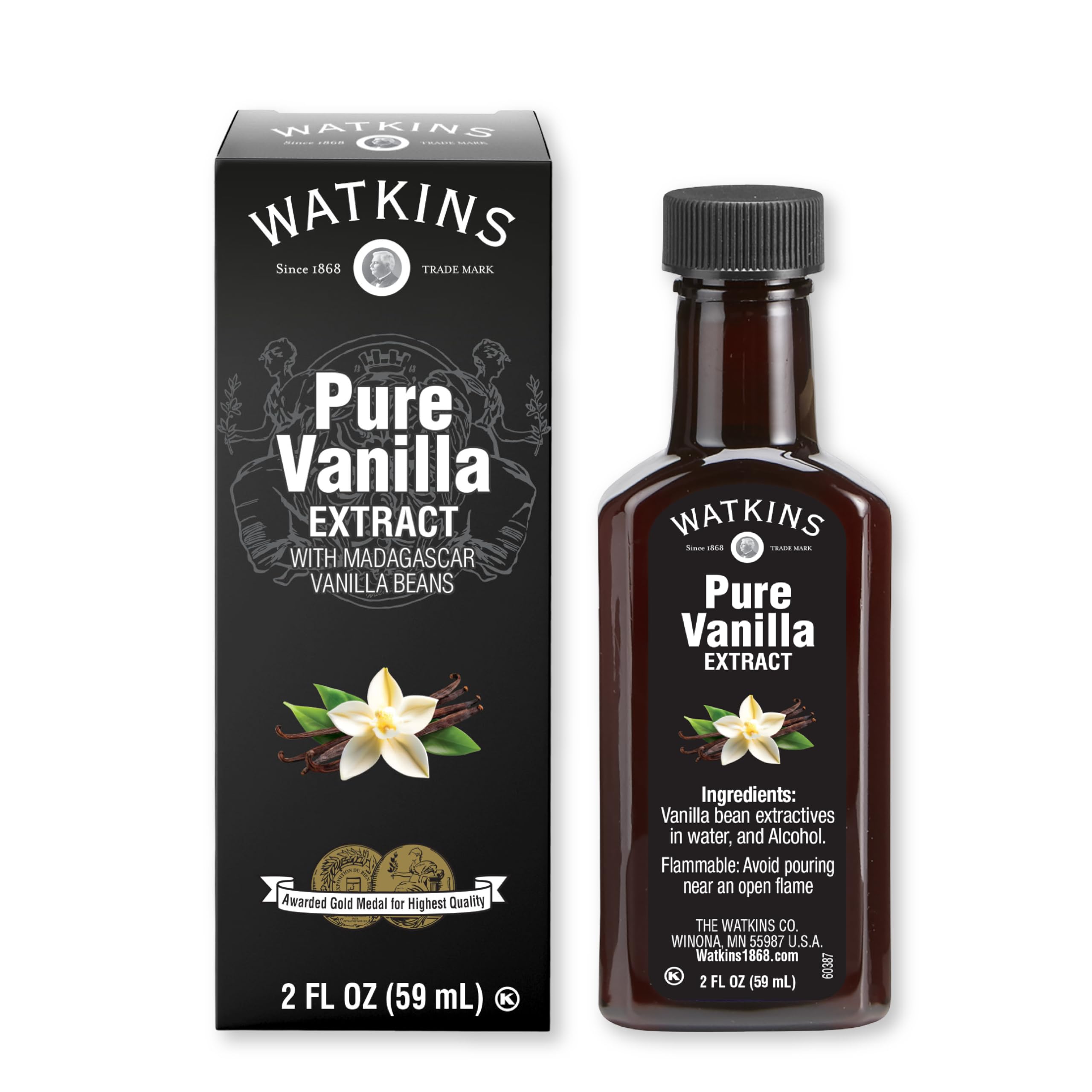 Watkins Pure Vanilla Extract, with Madagascar Vanilla Beans, Non-GMO, Kosher, 2 oz. Bottle, 1-Pack
