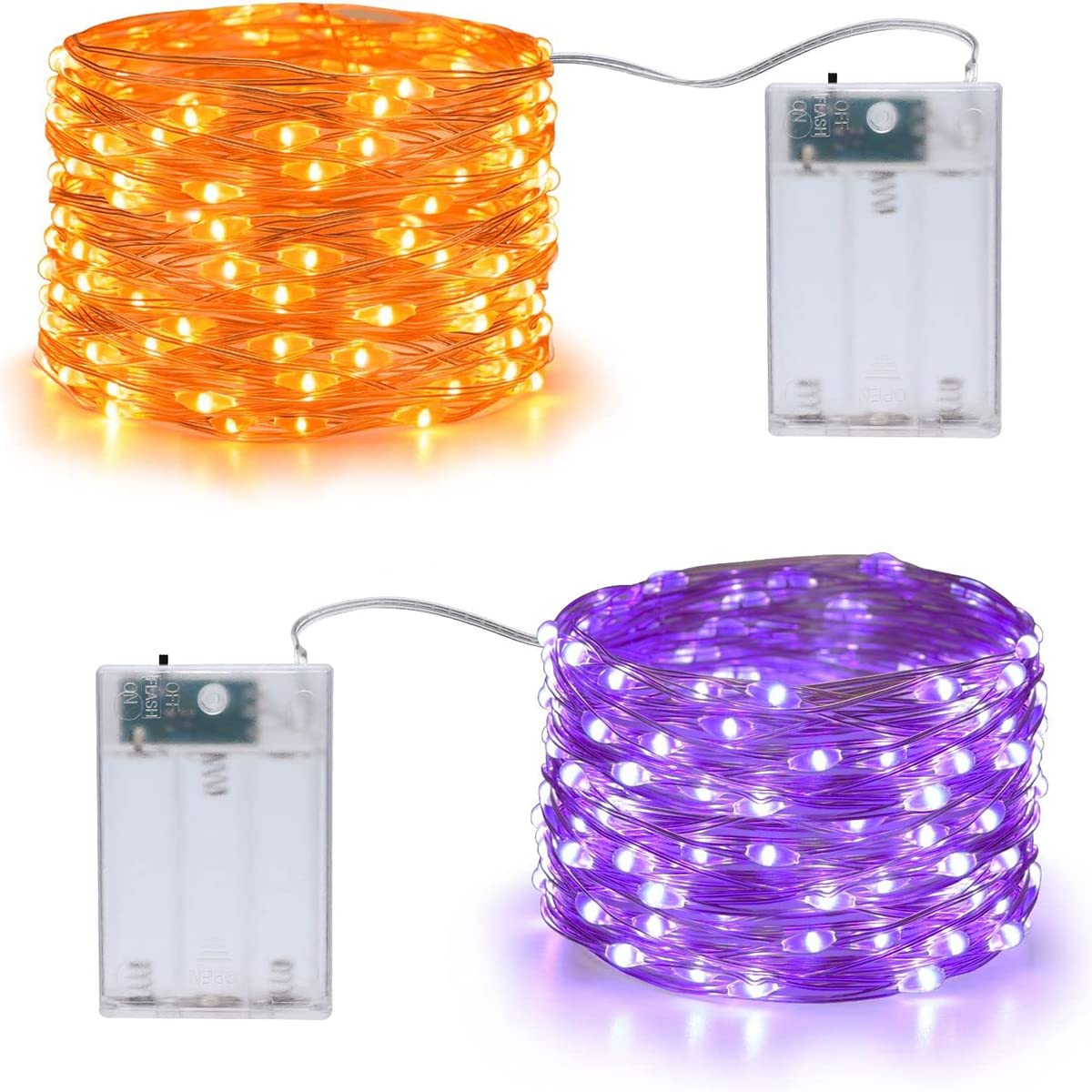 2-Pack Halloween Fairy String Lights – 16.4ft, 50 LED Orange & Purple, Battery Operated, Waterproof Copper Wire With Steady & Twinkling Modes